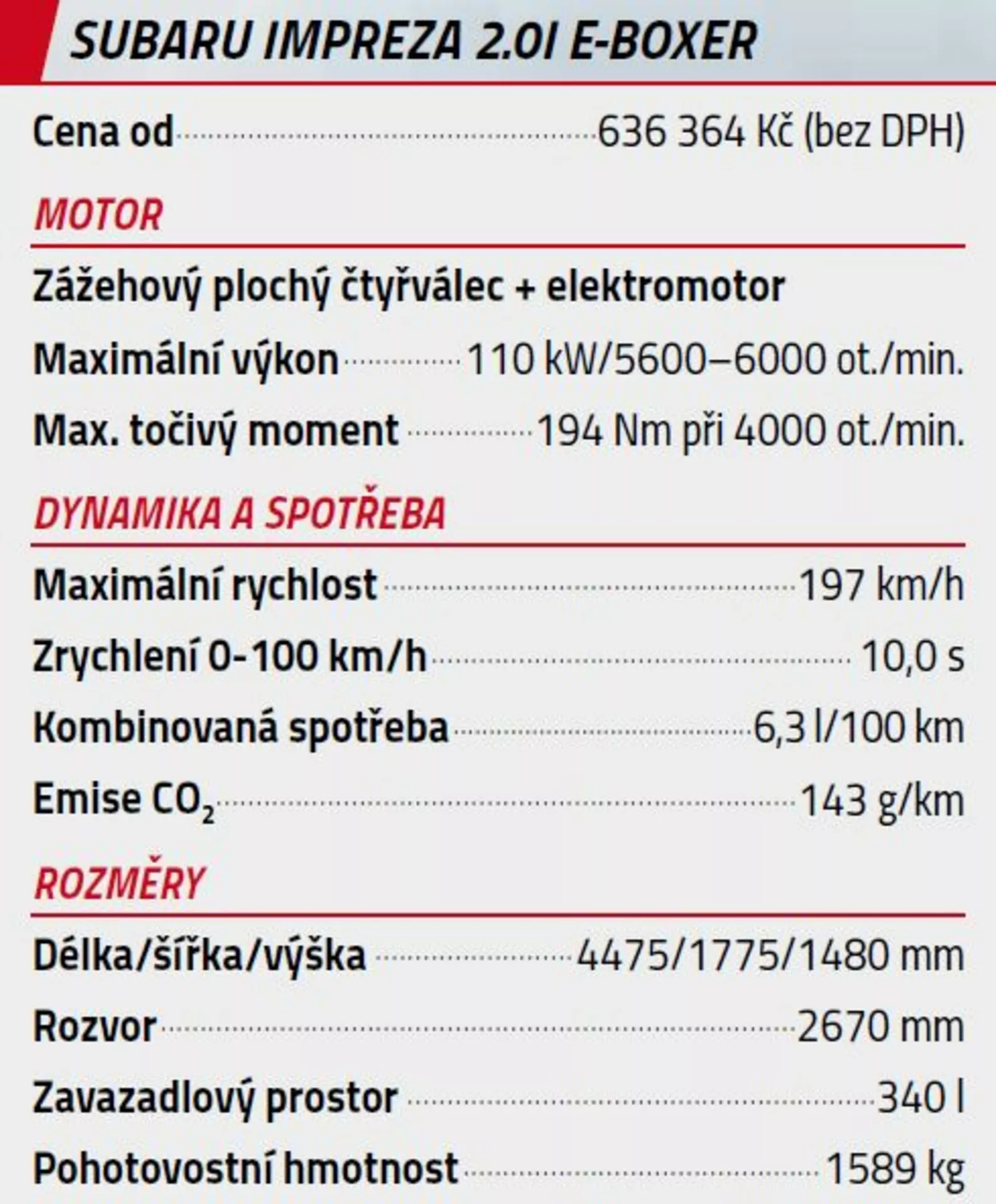 Detailní specifikace Subaru Impreza 2.0i E-BOXER z roku 2018 ve formátu tabulky s červenou hlavičkou, která uvádí typ motoru, výkon, točivý moment, výkonnostní údaje, spotřebu paliva, emise a rozměry, dokument v češtině