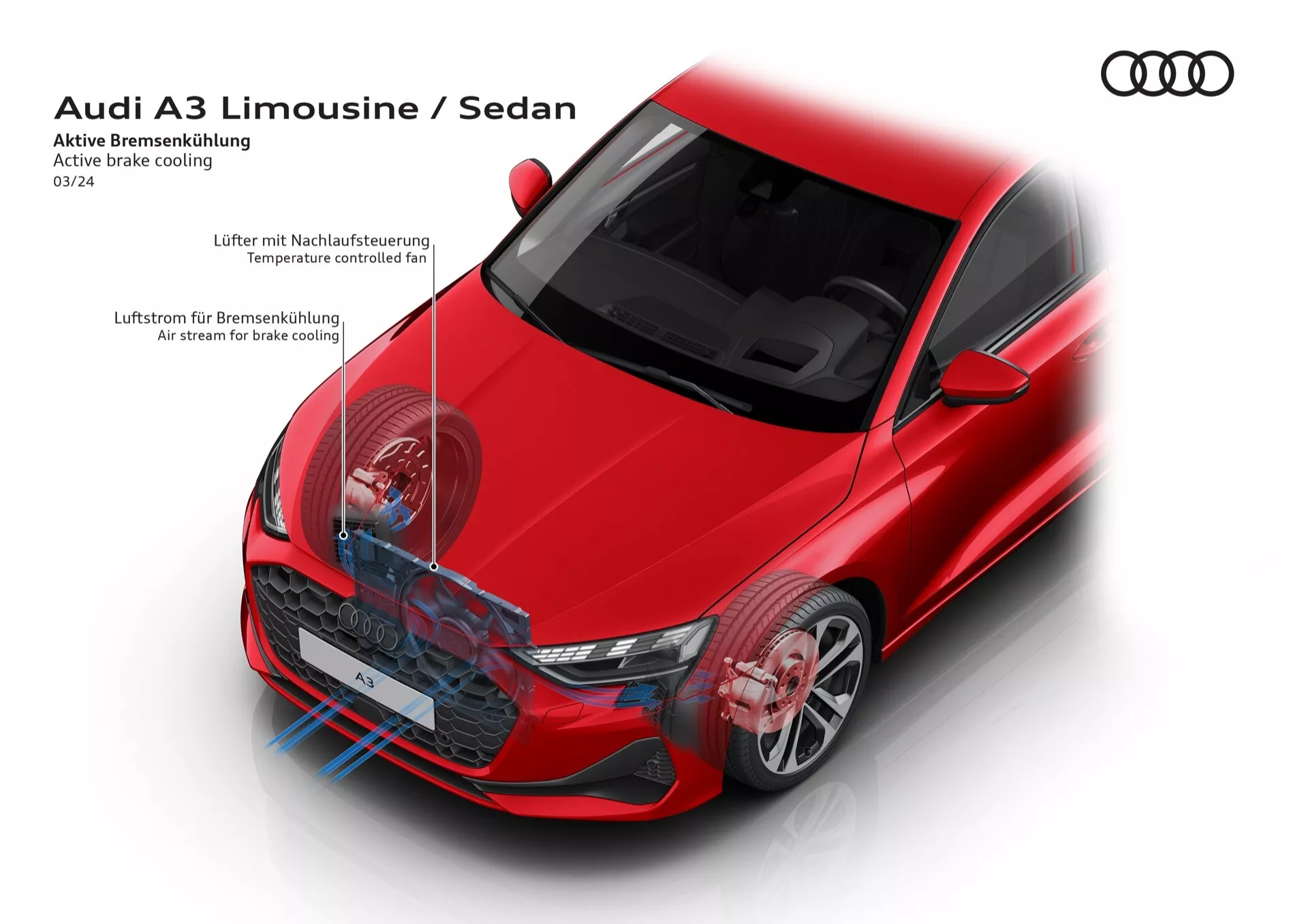 Červený sedan Audi A3 2024 model 8Y-Facelift ve vysokém úhlu zobrazení zvýrazňující přední mřížku, design světlometů a kontury karoserie s překryvy aktivního chlazení brzd a technologie proudění vzduchu pro chlazení brzd