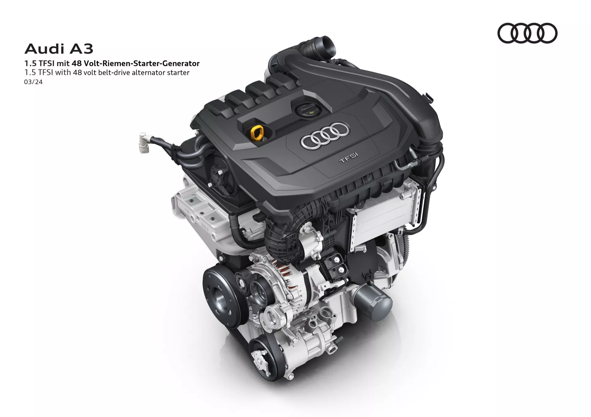 Fotografie ve vysokém rozlišení ukazující složité detaily motoru Audi A3 2024 (8Y-facelift), která zdůrazňuje jeho špičkové inženýrství a design