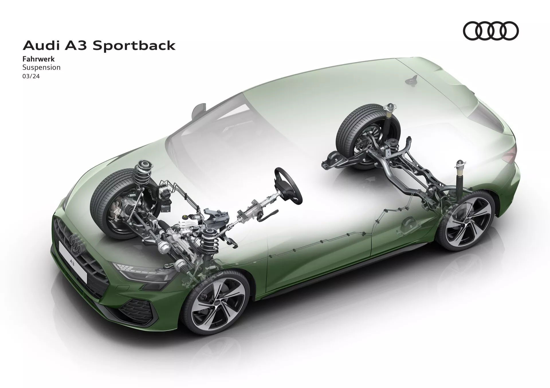 Pohled shora na Audi A3 Sportback 2024 (8Y-Facelift) s důrazem na pokročilý systém zavěšení a vnitřní komponenty, včetně cívek pružin, tlumičů nárazů a řídících ramen s detailním rentgenovým efektem kolem podvozku vozidla, umístěného v prostorném prostředí nasvědčujícím studiovému nastavení.