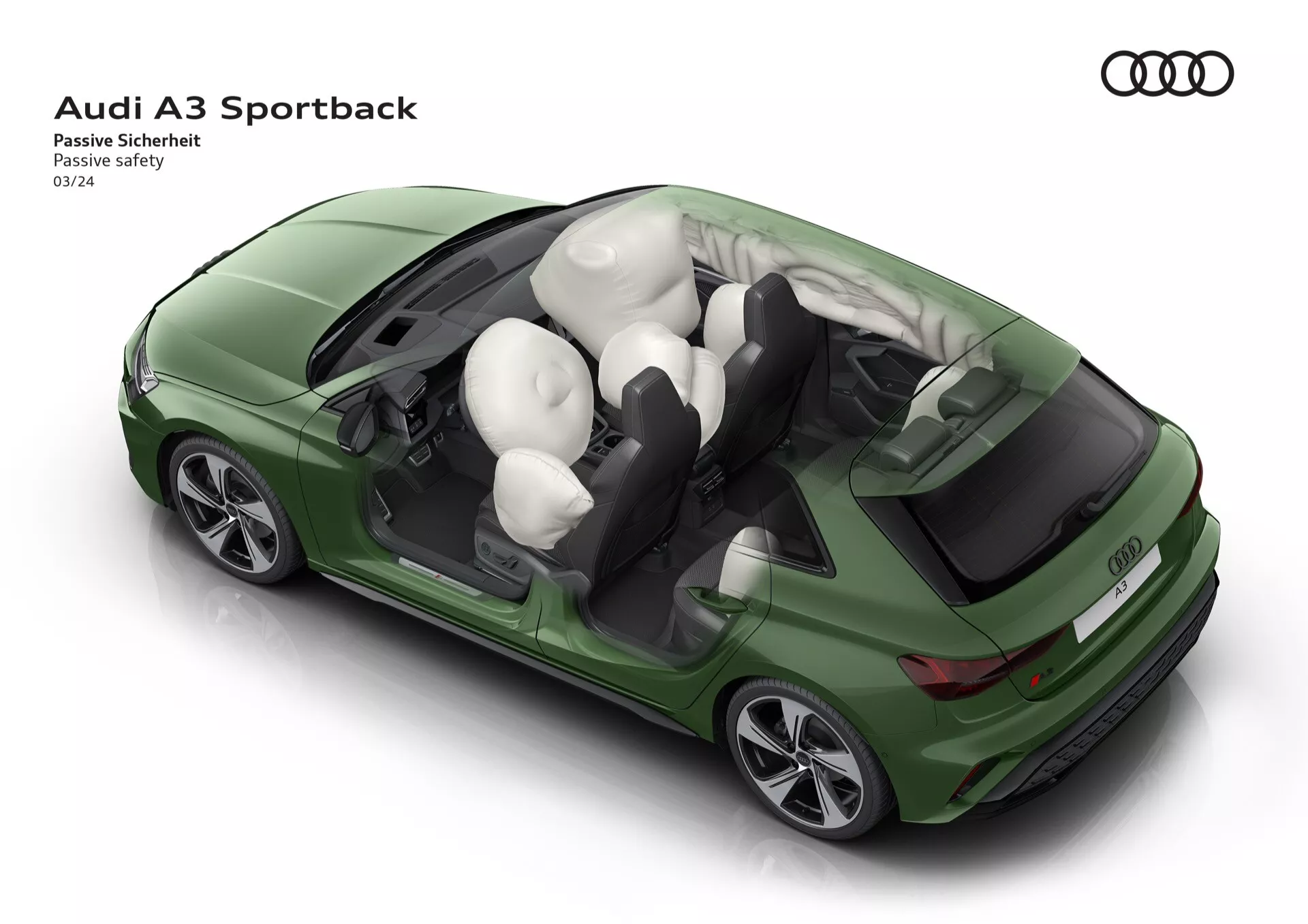 Vysoký úhel pohledu na zelený Audi A3 Sportback předvádějící pasivní bezpečnostní prvky s průhlednou střechou odhalující nafouknuté airbagy uvnitř, včetně airbagů volantu, palubní desky, bočních závěsů a mezi předními sedadly během ukázky bezpečnosti.
