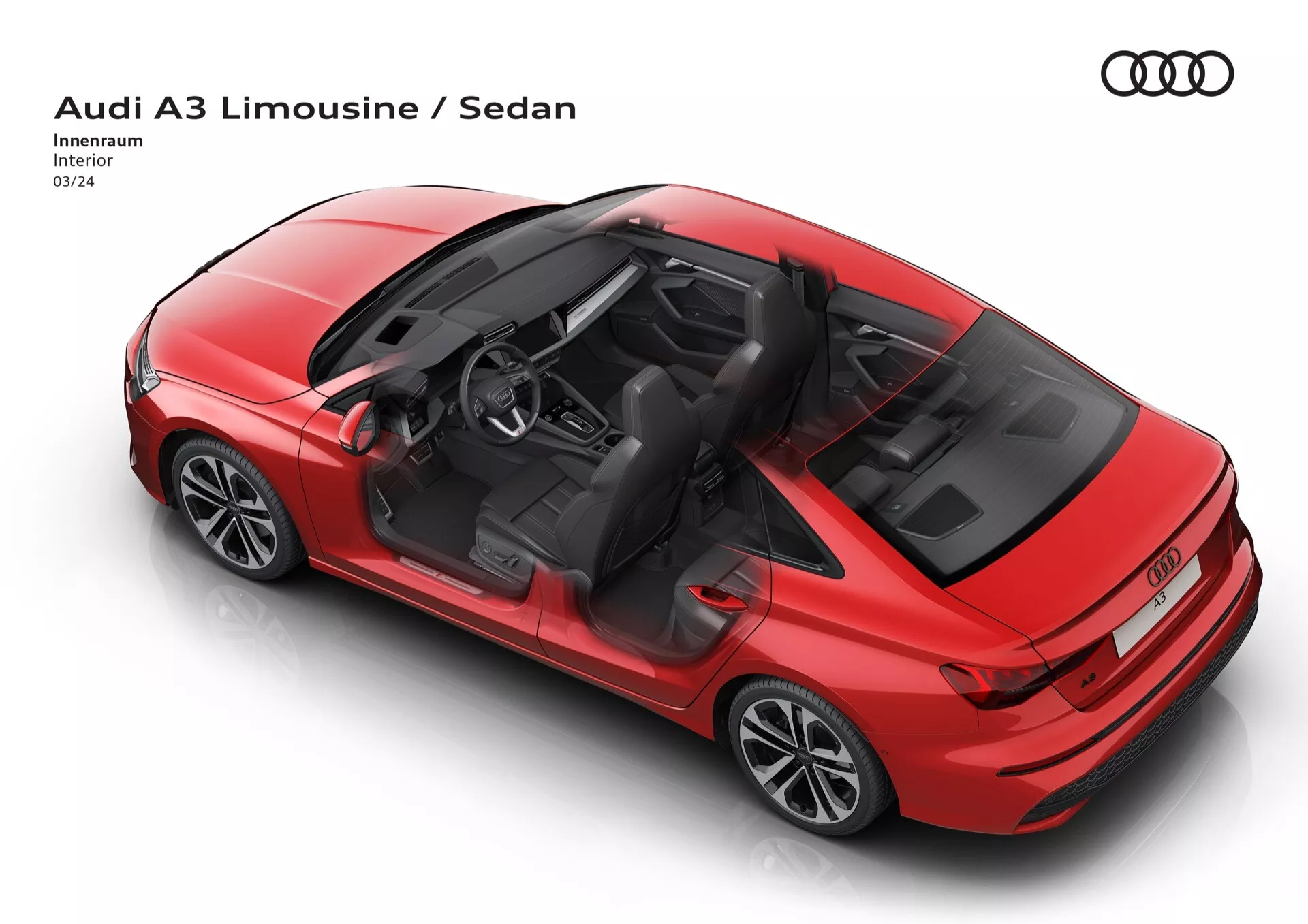 Červený sedan Audi A3 2024 s panoramatickou střechou a slitinovými koly, zobrazený z horního zadního tříčtvrtečního pohledu zdůrazňující vnější styling a uspořádání interiéru, vybavený LED zadními světly