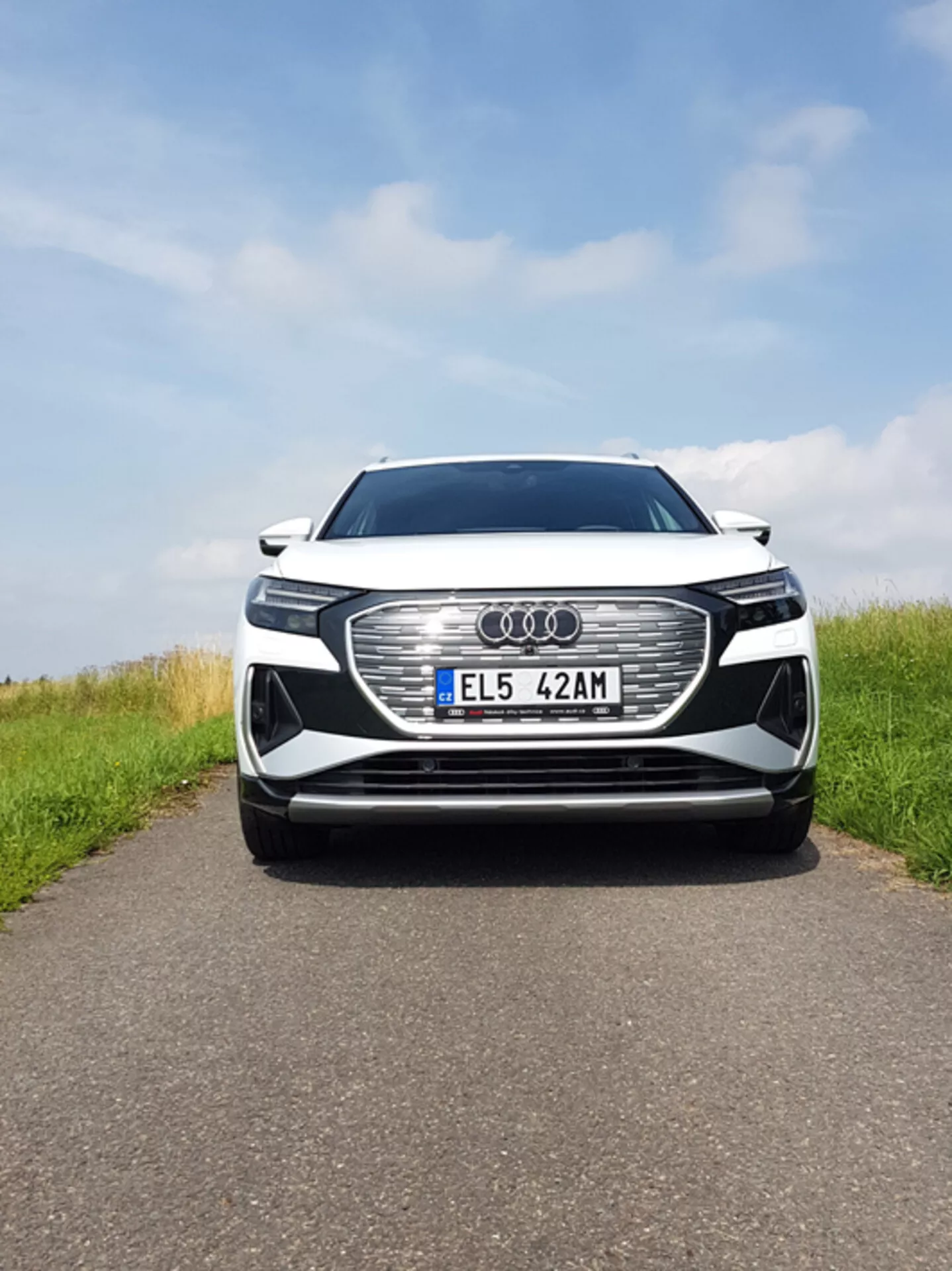 Centrální přední pohled na Audi Q4 e-tron 2021 ukazuje velkou šestiúhelníkovou mřížku s emblémem Audi, LED světlomety, evropskou SPZ, potenciální senzory ADAS, otvory pro přívod vzduchu, metalický lak a chromovou lištu pod částečně zataženou oblohou na asfaltové silnici s travnatými okraji.