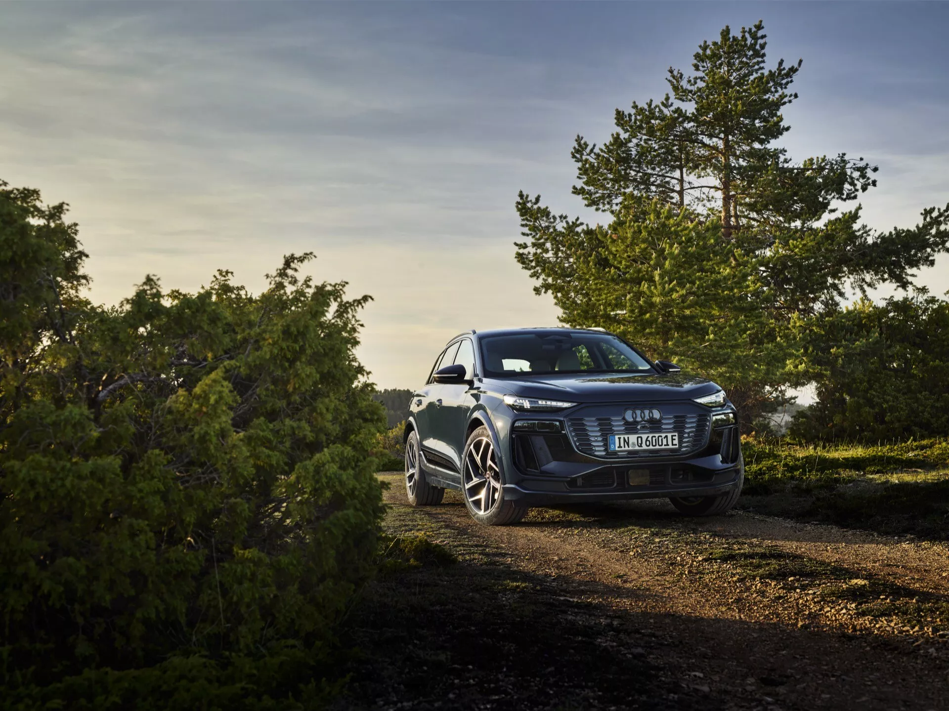 Tříčtvrteční pohled zepředu na Audi Q6 e-tron 2024 zaparkované venku na cestě mezi přírodou, focené v teplém zlatém ranním nebo odpoledním světle. Zvýšený úhel zobrazuje výraznou přední masku s centrálním znakem, elegantní světlomety naznačující pokročilou LED nebo Matrix LED technologii a výrazná sportovní litá kola. Fotografie obsahuje přírodní prvky v pozadí, což poukazuje na všestrannost auta jak v městském prostředí, tak při lehkých terénních aktivitách.