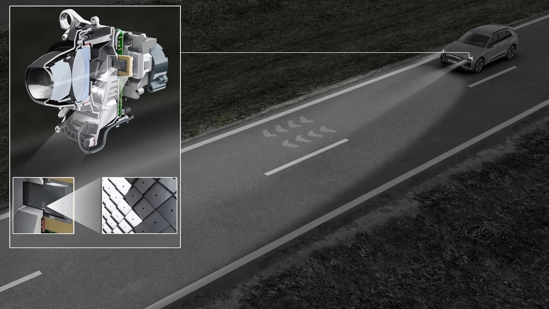 Kompozitní obrázek zdůrazňující pokročilé senzorové systémy Audu Q8 e-tron 2023 pro asistovanou jízdu, zobrazující zdvižený pohled na auto na silnici za soumraku, vybuchlý pohled na modul rohu zobrazující komponenty řízení a zavěšení a vložky demonstrující technologii senzorů na silnici a vozidle pro asistenci držení pruhu a interakci s inteligentními dopravními systémy.