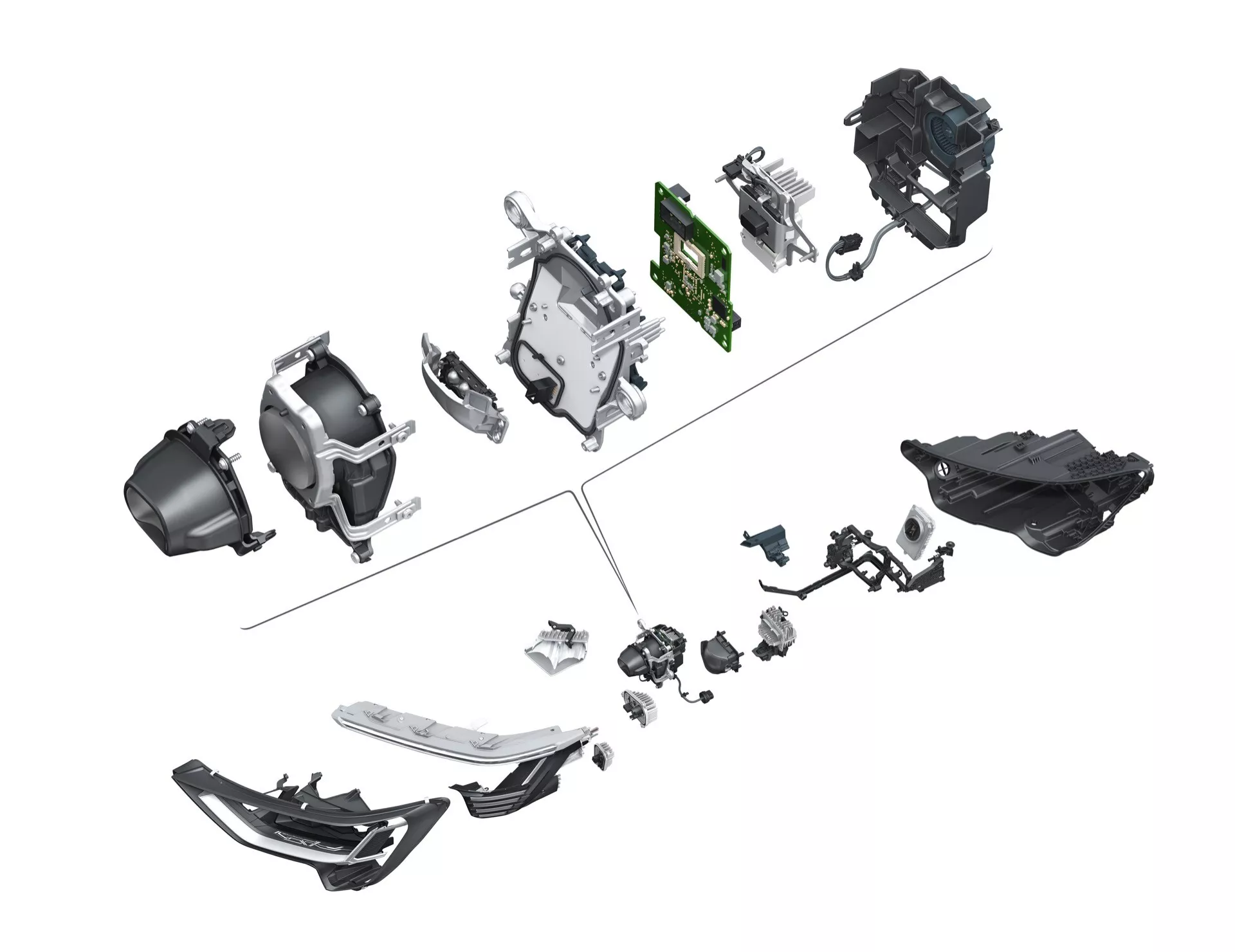 Rozložený pohled na Audi Q8 e-tron 2023 (GE) zobrazující různé automobilové komponenty včetně převodové skříně, montážních držáků, sestav převodů, možného uchycení zavěšení, aerodynamické části spodku karoserie, skříně pohonu, ochranných krytů dílů a elektronické řídící jednotky na pozadí stylu technického manuálu