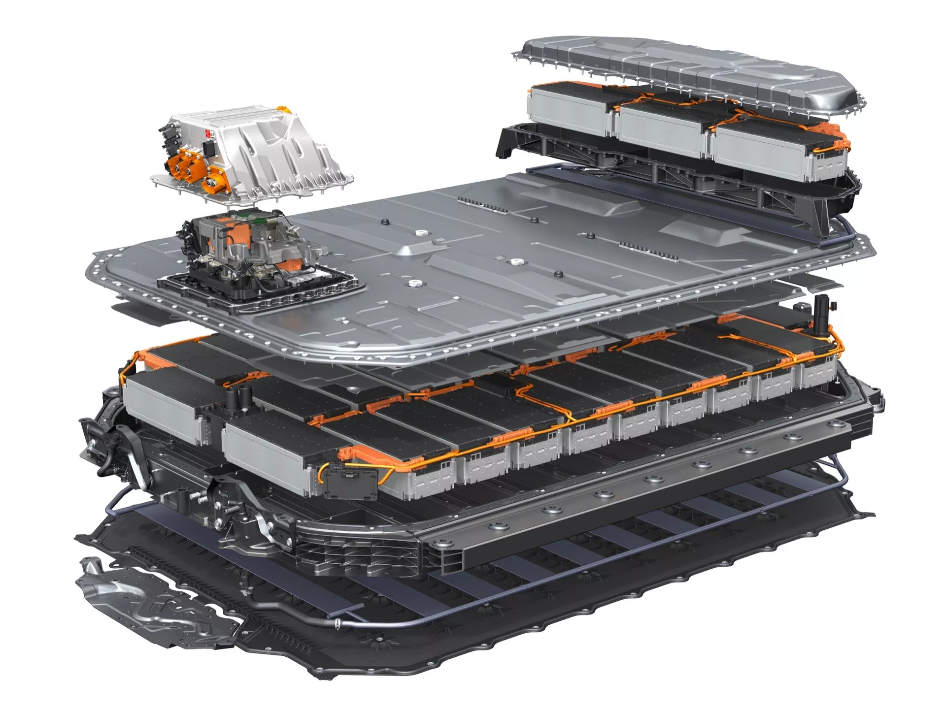 Izometrický pohled na rozložený bateriový balík elektrického vozidla Audi Q8 e-tron 2023 ukazující detailní vrstvy a součásti včetně lithium-iontových článků, systému správy baterie a strukturální ochrany