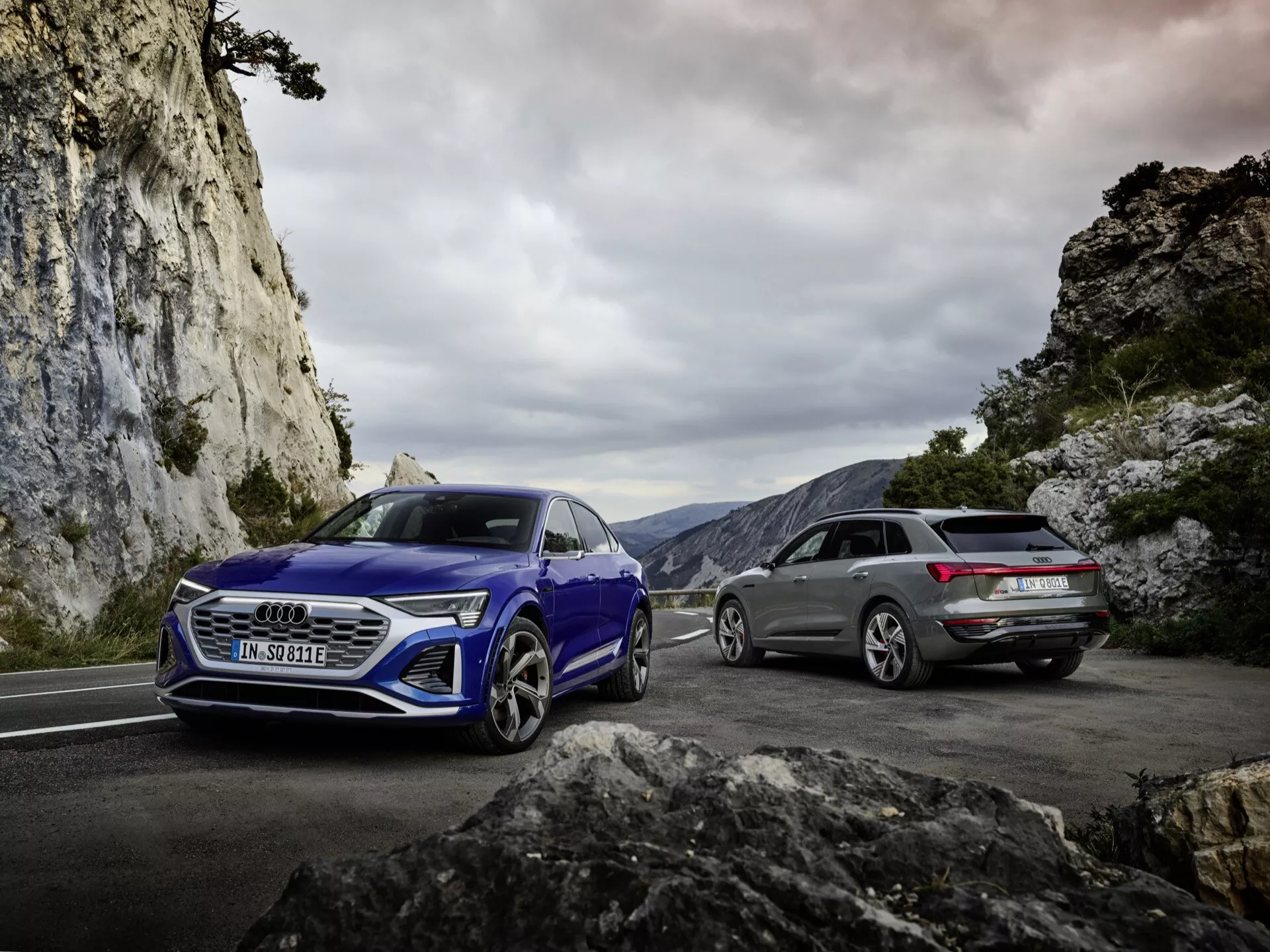 Audi Q8 e-tron a Audi Avant z roku 2023 na pozadí hory s dramatičtým počasím, předvádí aerodynamický design a pokročilé technologické funkce v oblačný den
