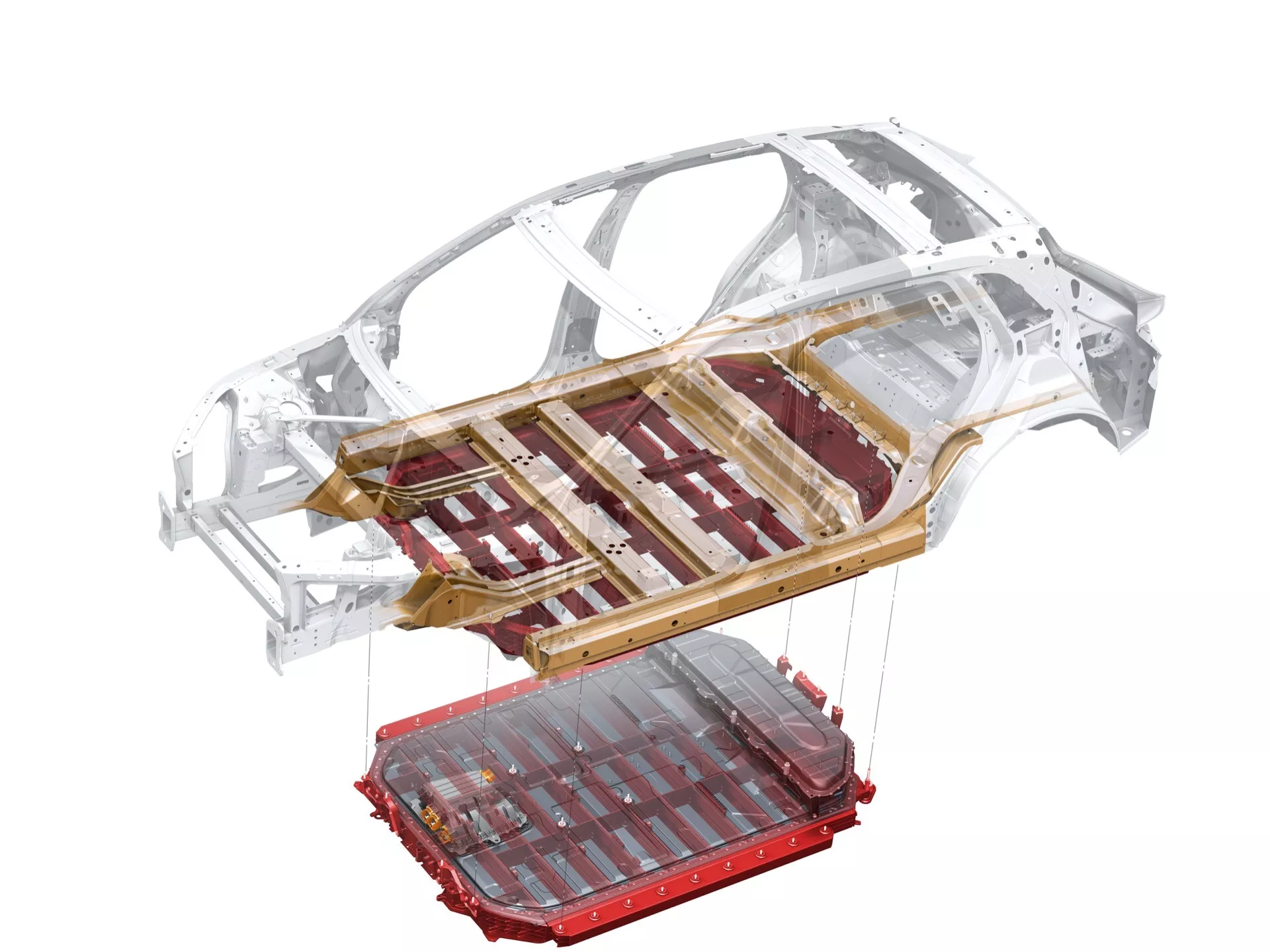 Podvozek Audi Q8 e-tron 2023 zobrazující konstrukční rám a karoserii v bílém z pohledu shora, zdůrazňující kostru používanou ve moderní výrobě vozidel bez vnějších karosářských panelů nebo vnitřních komponent