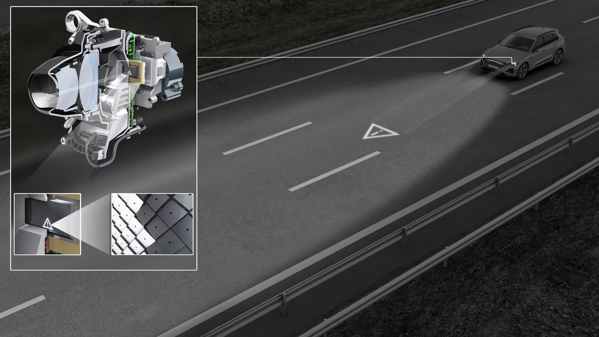 Audi Q8 e-tron GE 2023 s pokročilým systémem asistence řidiče, s pohledem shora na sedan v pravém jízdním pruhu a detailními výřezy technologie včetně mechanismu senzoru, vzoru dezénu pneumatik a ilustrace složení materiálu