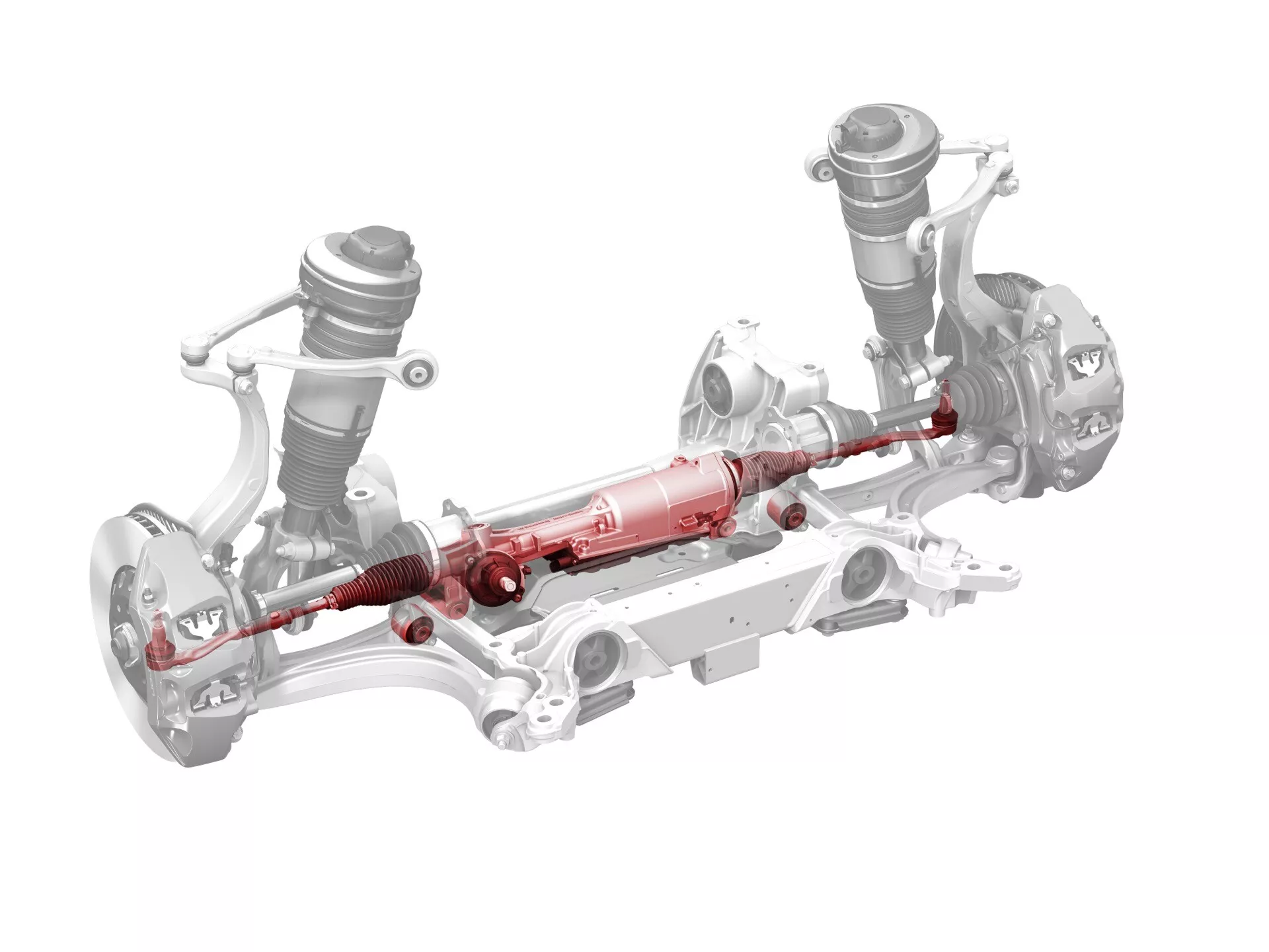 3D vykreslená technická ilustrace sestavy zadní nápravy Audi Q8 e-tron 2023 s vyznačeným diferenciálním pouzdrem, hřídelovými hřídeli, upevňovacími body kol a součástmi zavěšení včetně ramen řízení a tlumičů nárazů, vše zvýrazněno výraznou červenou a stříbrošedou, bez pozadí pro soustředěnou analýzu
