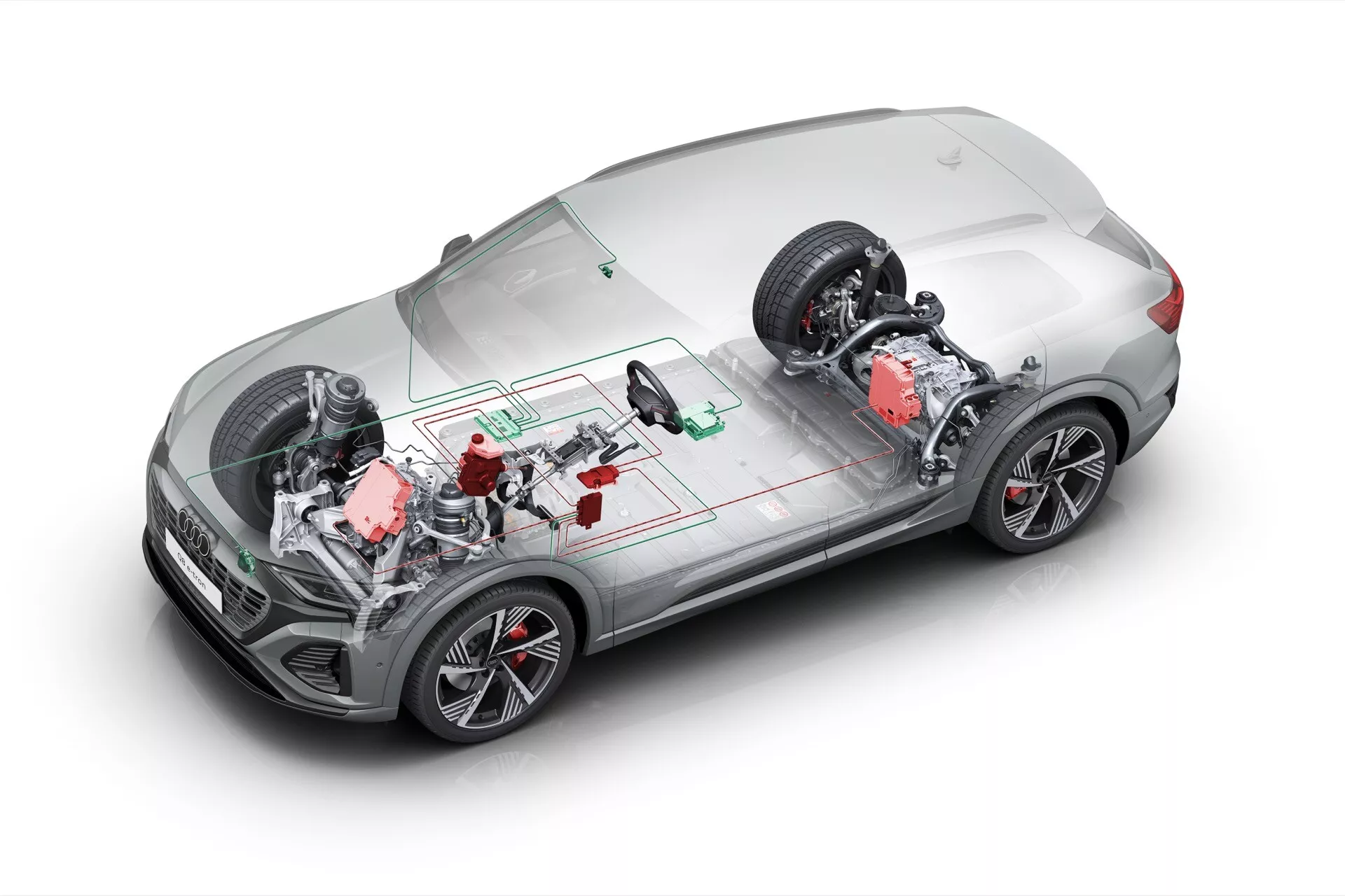 Digitální zobrazení Audi Q8 e-tron 2023 z ptačí perspektivy s průhlednými částmi odhalujícími motor v přední části, motor vzadu a centrální zelenou baterii naznačující elektrickou nebo hybridní technologii.
