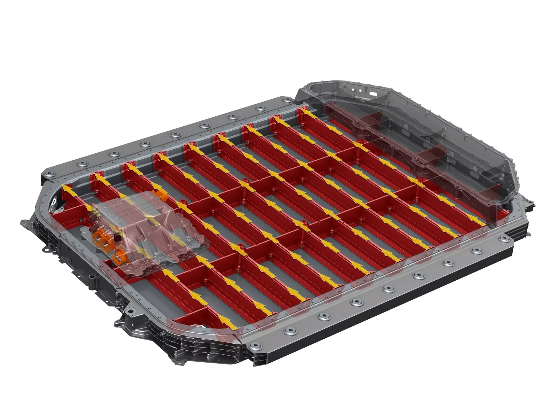 Detailní pohled na bateriový balíček elektrického vozu ukazující jeho vnitřní strukturu s řadami lithium-iontových článků, navržený pro vysokou kapacitu a efektivní skladování energie, relevantní pro diskuse o technologii EV