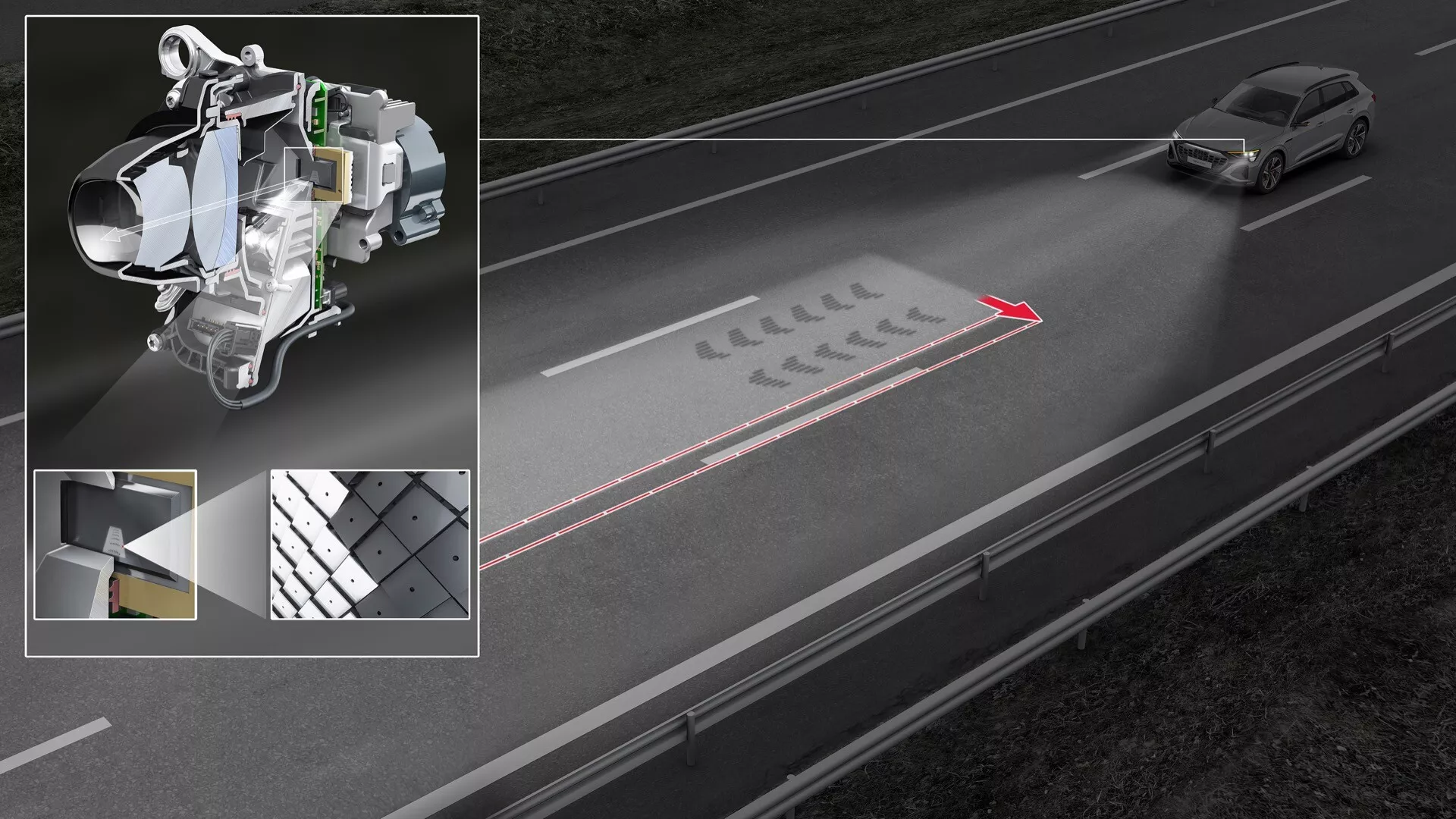 Audi Q8 e-tron 2023 předvádějící pokročilou technologii světlometů na noční silnici, s adaptivními světelnými vzory a detailním záběrem na LED či laserové světlomety a termografii