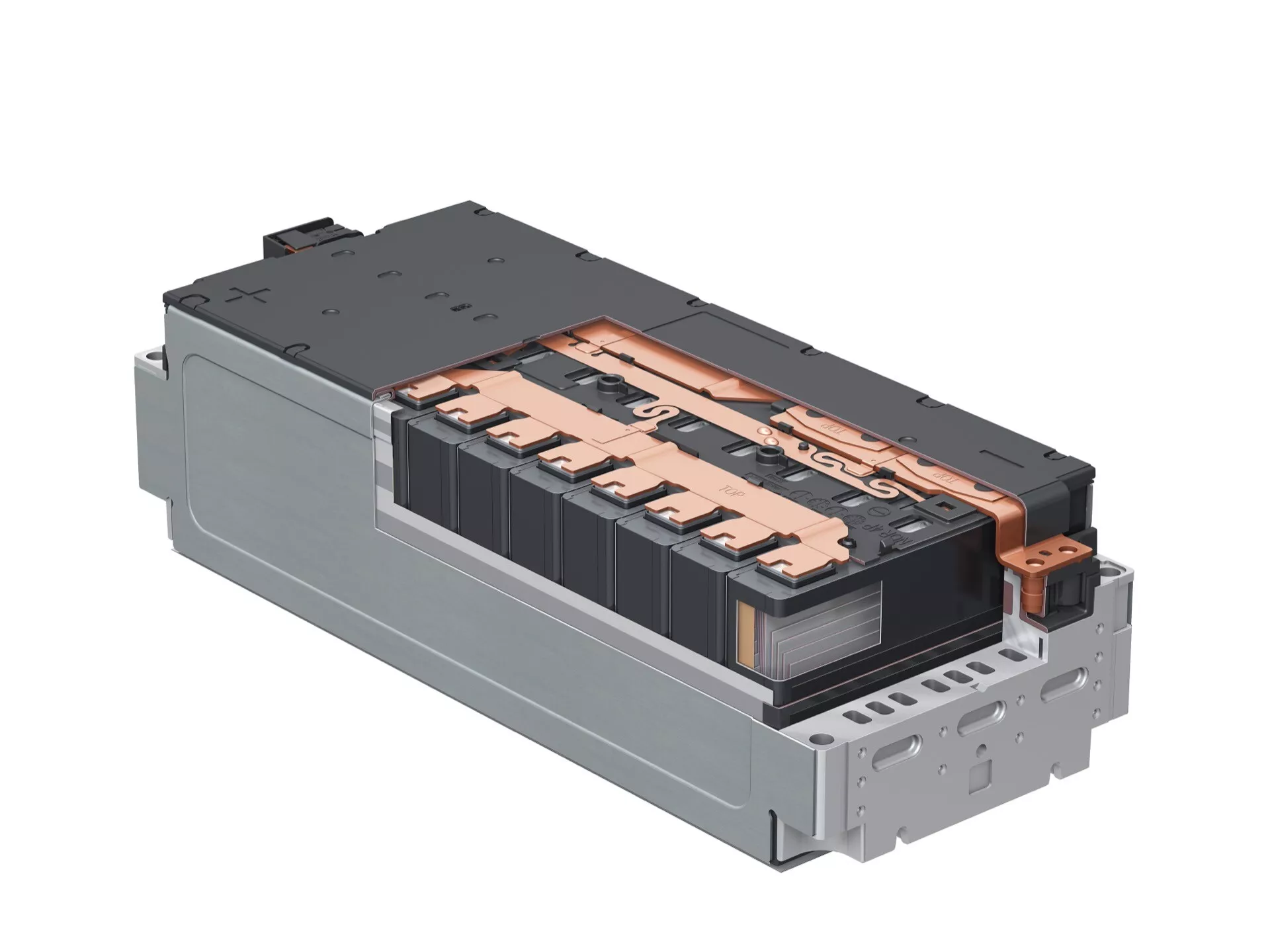 Izometrický pohled na lithium-iontový bateriový modul pro elektrická vozidla, ukazující jednotlivé články v šedém pouzdře a vysokonapěťové oranžové komponenty