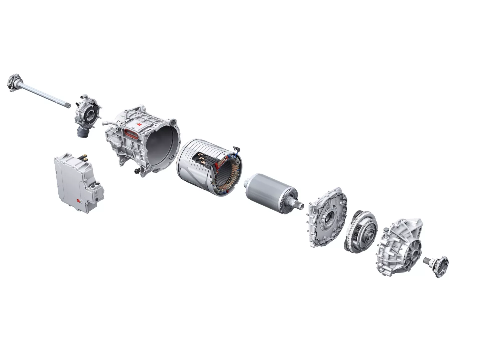 Rozložené komponenty pohonu vozidla, ilustrující motor, turbodmychadlo, převodovku, dvouhmotový setrvačník a diferenciál Audi Q8 e-tron 2023