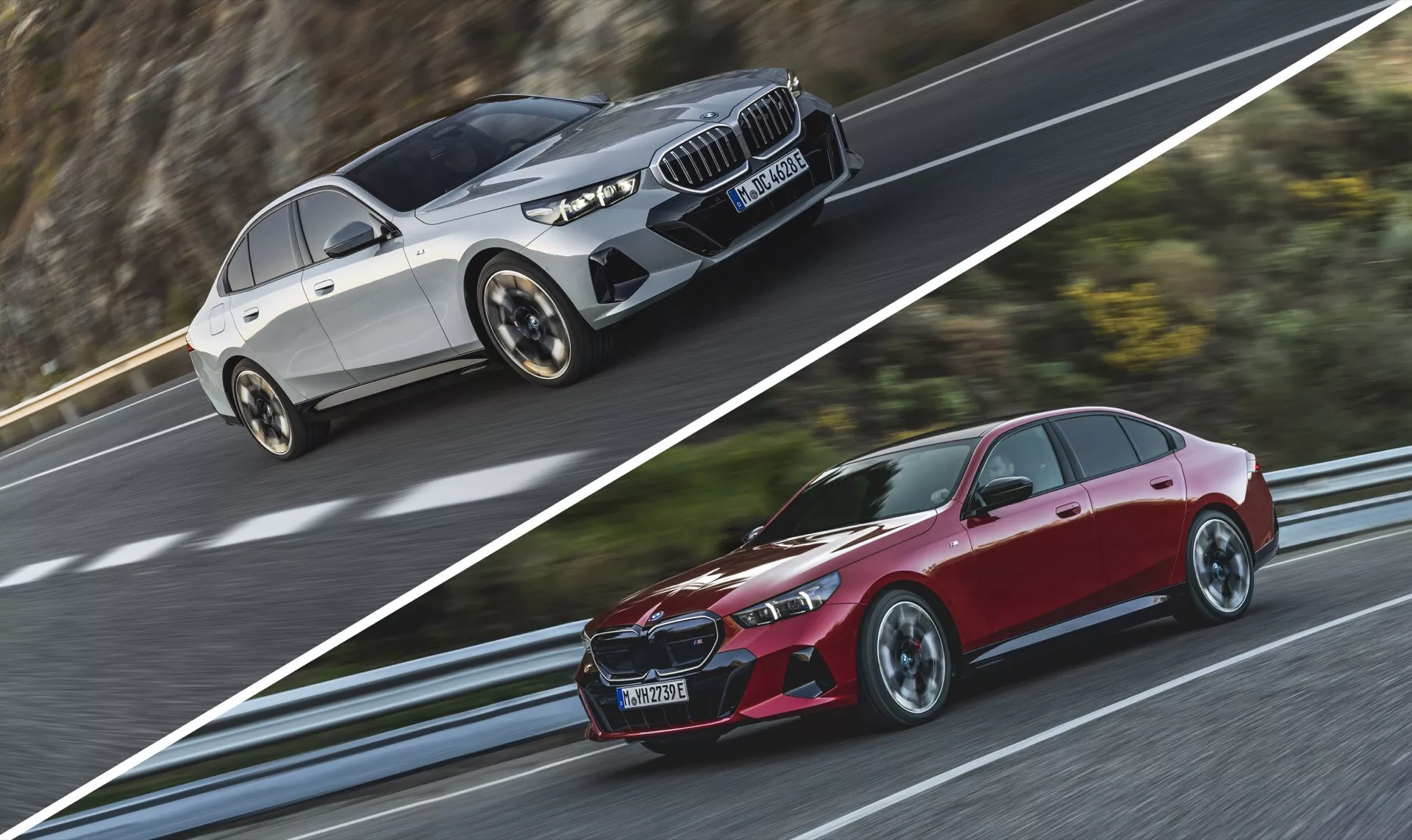 Dynamická prezentace dvou vozidel BMW řady 5 z roku 2023 (G60-G61) v pohybu, jedno zachycené z pohledu z předu-vlevo ve tříčtvrtečním pohledu zdůrazňující mřížku a světlomety a druhé z pohledu zezadu-vpravo ve tříčtvrtečním pohledu ukazující na zadní světla a zadní design, zdůrazňující designové detaily a rozmazanost pohybu naznačující rychlost.
