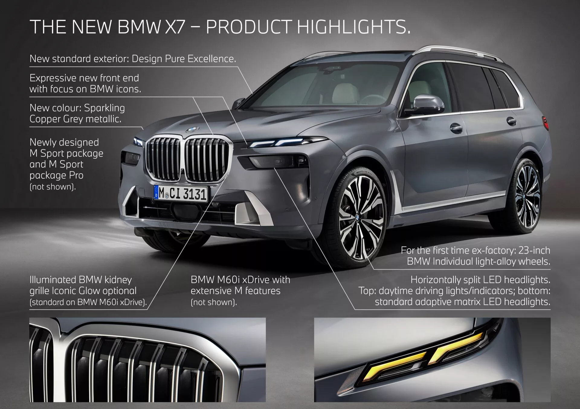 Detailní průzkum BMW X7 2022 (facelift G07) zobrazující tříčtvrteční pohled zepředu v metalické barvě Sparkling Copper Grey s důrazem na osvětlenou ledvinovou mřížku, adaptivní maticové LED světlomety, 23palcová světla z lehké slitiny BMW Individual a excelentní design.