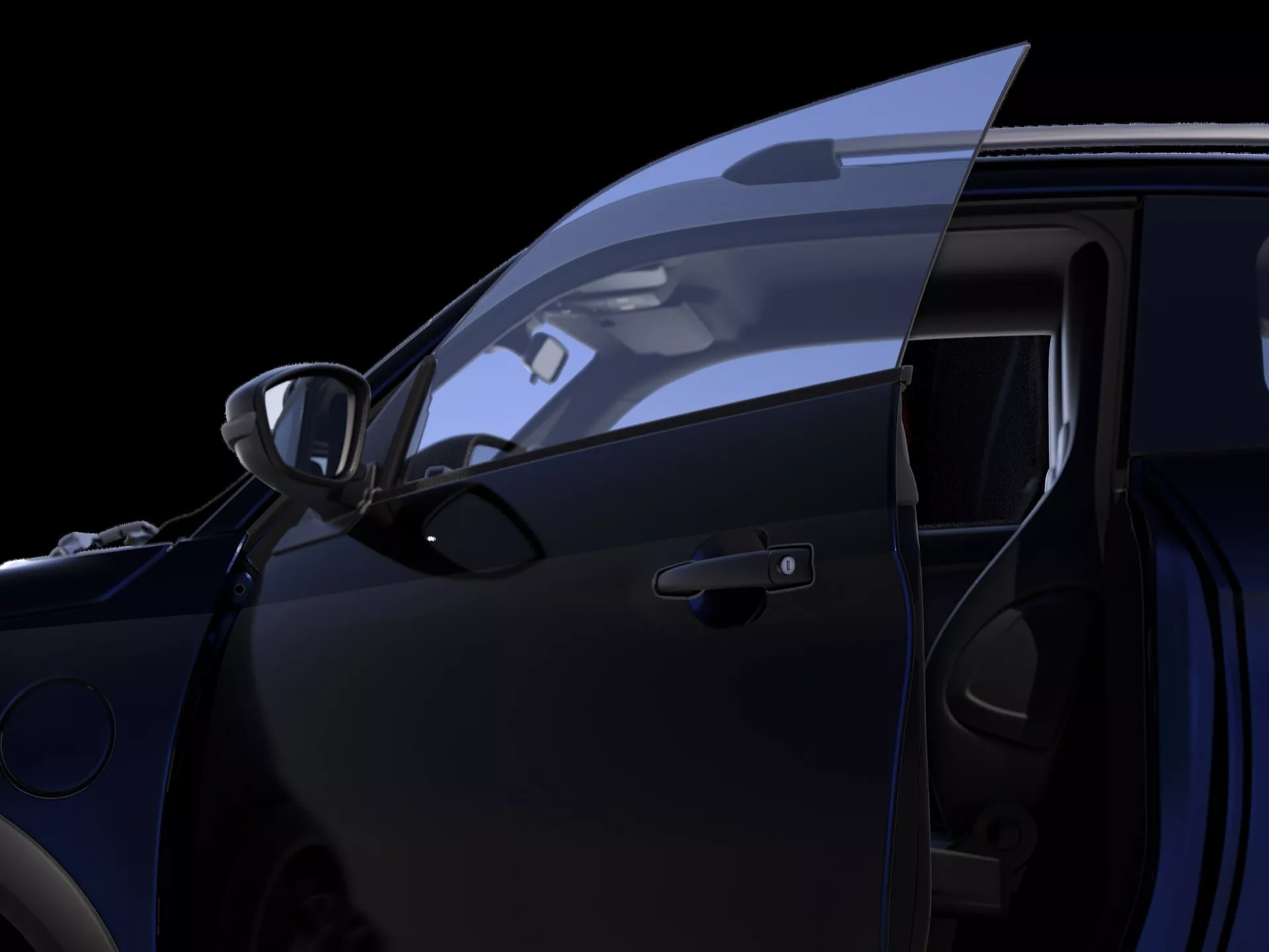 Detailní záběr z nízkého úhlu na Ego-Mobile Ewave-X 2022 (1. generace), zaměřený na otevřené dveře na straně řidiče s viditelným bočním zrcátkem, horní částí předního blatníku a integrovanými ovládacími prvky oken a zrcátek na vnitřním panelu dveří. Zvýrazněno studiovým osvětlením, které zvýrazňuje elegantní design auta na černém pozadí.