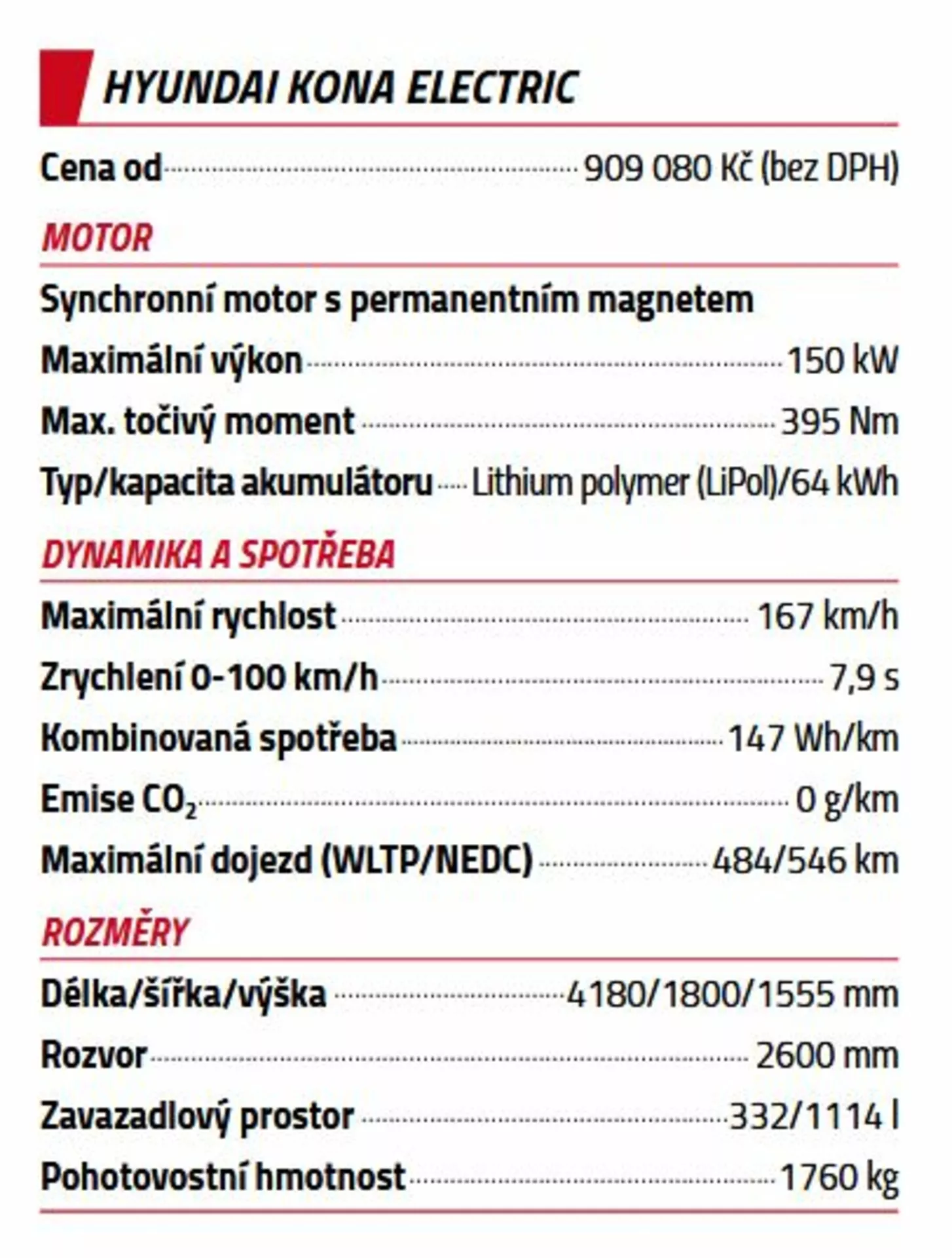 Specifikační list Hyundai Kona Electric 2021 v češtině s detaily o ceně, specifikách motoru, dynamice, spotřebě, rozměrech a technických informacích