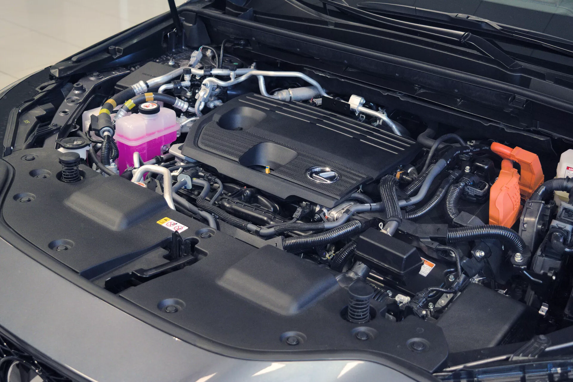 Detailní pohled na motorový prostor vozu s otevřenou kapotou, který odhaluje dobře organizovaný a čistý motorový prostor. Kryt motoru je opatřen výrazným logem, které naznačuje značku, a různé komponenty, jako jsou barevné nádržky, zajištěné kabely a viditelná baterie s červeným krytem kladného terminálu. Uspořádání naznačuje moderní a možná i luxusní vozidlo, zdůrazňující složitost elektrického systému a celkový bezvadný stav.