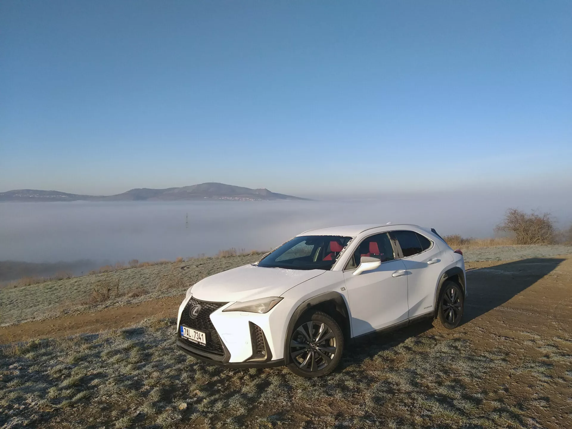 Bílé sportovní užitkové vozidlo Lexus UX z roku 2019 zaparkované venku na mrazem pokryté trávě, předvádějící své úhlové LED světlomety, velkou mřížku s mesh vzorem, sportovní nasávací otvory, konturovanou kapotu, černá kola z lehkých slitin s multi-výpletem, panoramatickou střechu a současné designové prvky na pozadí malebného mlhavého rána.