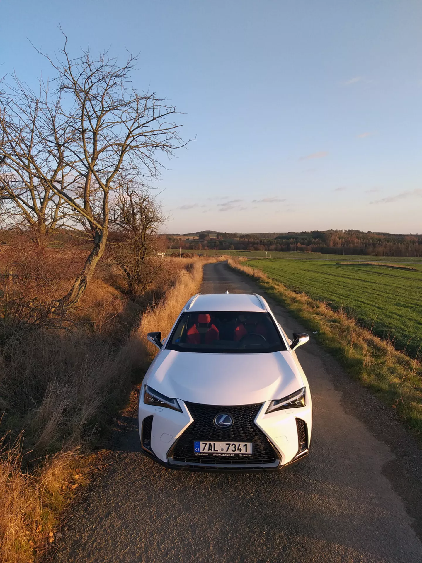 Lexus UX 2019 zobrazený z vysokého čelního úhlu na venkovské silnici, představuje mřížku ve tvaru vřetena, LED světlomety a aerodynamický design kapoty naznačující pokročilou automobilovou technologii.