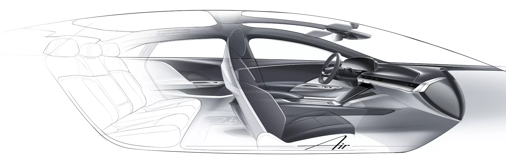 Konceptuální průhledný boční profil vozu Lucid Air 2022 první generace, zobrazující vnitřní strukturu a uspořádání se čtyřmístnou konfigurací, prostornou kabinou, minimalistickým volantem a přístrojovou deskou, absencí tradičního B-sloupku, pravděpodobným elektrickým pohonem, lehkým pevným rámem a aerodynamickou účinností.