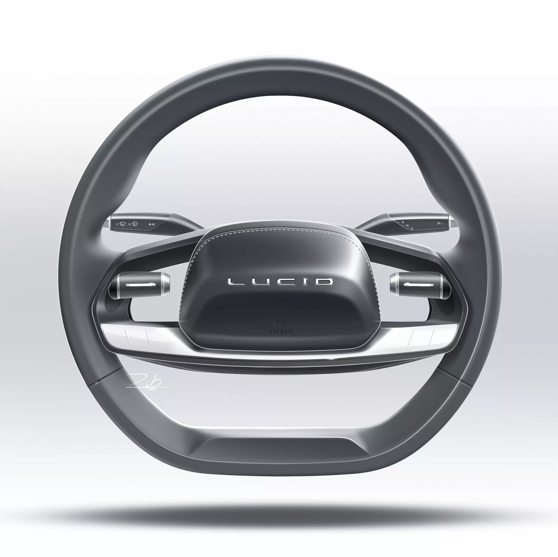 Detailní záběr moderního luxusního volantu z modelu Lucid Air 2022, který se vyznačuje minimalistickým dvouramenným uspořádáním s ergonomickým designem, konturováním pro lepší úchop, interaktivními dotykovými panely a tlačítky pro ovládání funkcí vozidla. Obrázek je zaměřen na volant a zdůrazňuje prémiovou estetiku s metalickým povrchem a značkou 'LUCID', na rozmazaném šedobílém pozadí.