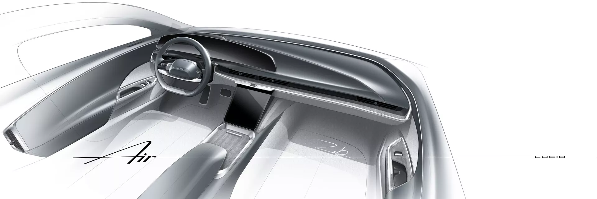 Konceptuální skica nebo digitálně vykreslený obrázek interiéru vozu Lucid Air 2022 (1. generace), pohled z místa spolujezdce. Zahrnuje elegantní přístrojovou desku, minimalistický design, digitální displeje za volantem a na středové konzole, moderní kruhový volant s integrovanými ovládacími prvky a nápis 'Air' na přístrojové desce. Monochromatická barevná schéma s odstíny šedé, naznačující luxusní, futuristický elektromobil s pokročilým ovládacím rozhraním.