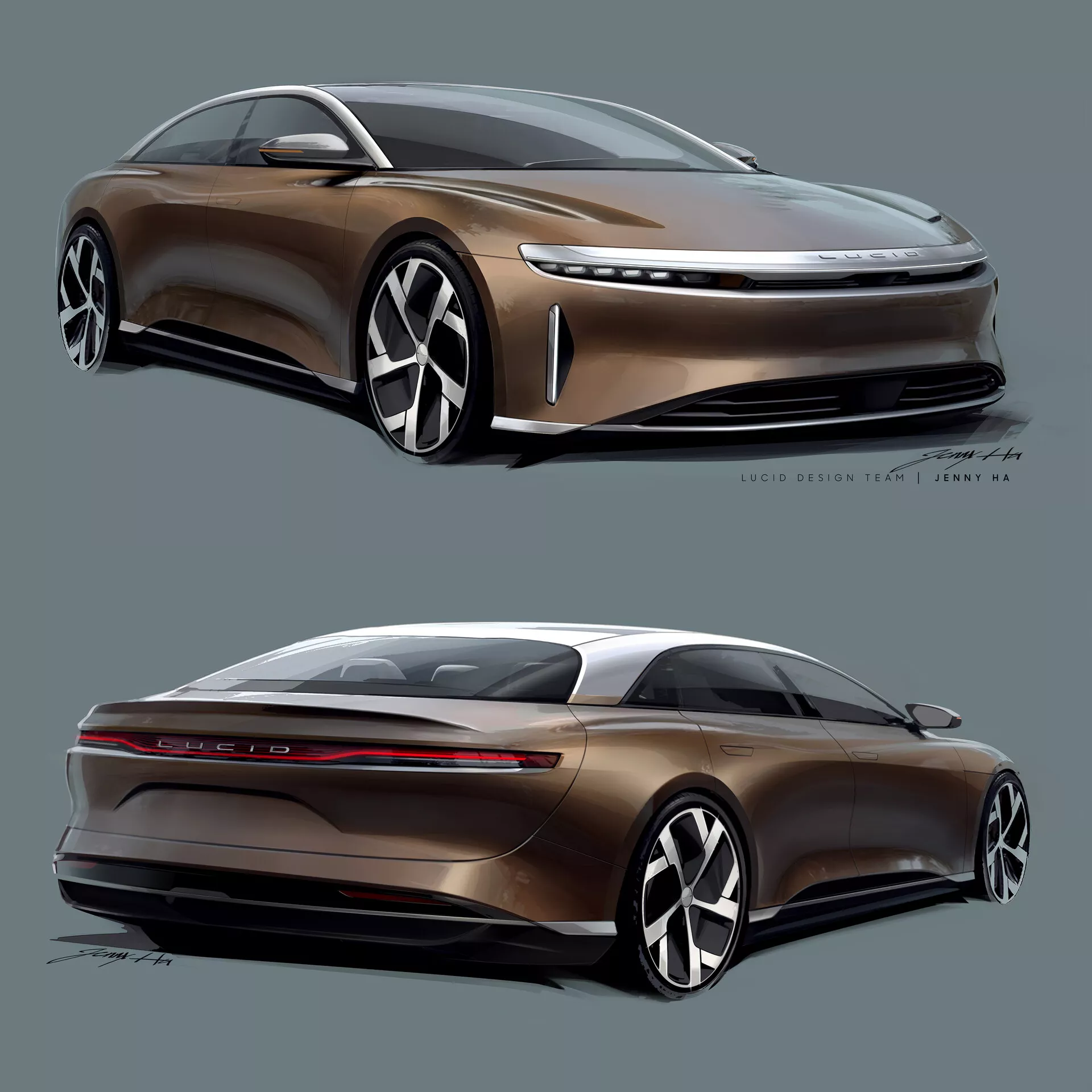 Dva úhlové pohledy na vůz Lucid Air 2022 v digitální vizualizaci. Horní polovina zobrazuje levý přední bok s dynamickým, aerodynamickým designem, dlouhou kapotou, uzavřenou maskou, úzkými světlomety a velkými koly s vícepaprskovým designem. Dolní polovina ukazuje zadní pravou stranu s hladkým, fastbackovým profilem, tenkými koncovými světly, světelným pruhem a bez výfuků. Vůz klade důraz na elegantní estetiku s moderním luxusem a pokročilou technologií elektrického pohonu.