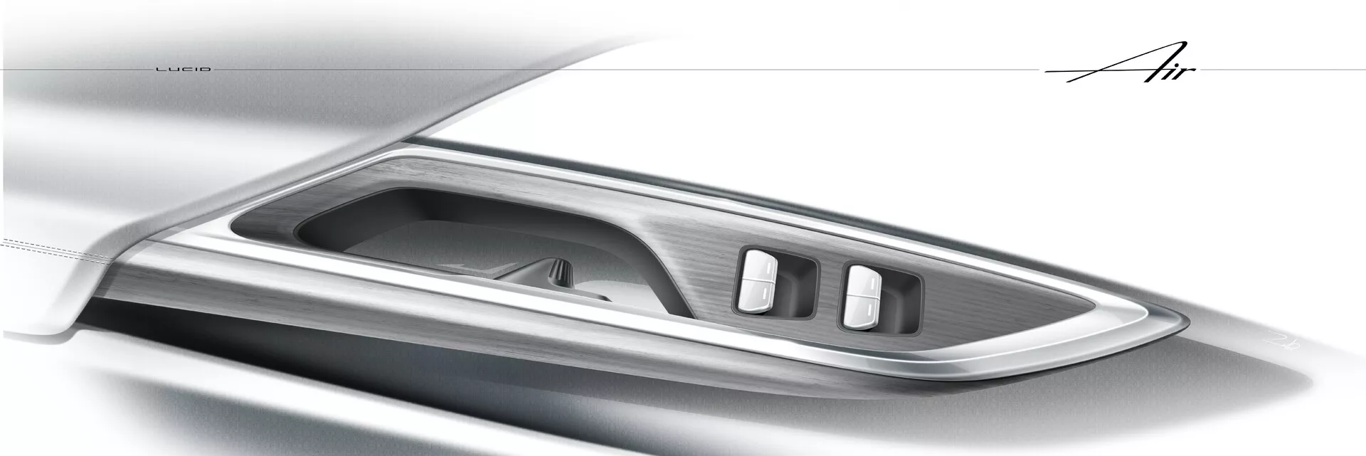 Detailní pohled na dveře a ovládací panel vozu Lucid Air 2022 (první generace), zdůrazňující design interiéru a prvky s elegantním, moderním stylem. Obrázek se zaměřuje na horní část vnitřního panelu dveří, kde je vidět kovová nebo chromová ohraničená ovládací panel s ergonomickým designem. Viditelné jsou tlačítka pro ovládání okna a zrcátek, což naznačuje luxusní a špičkové funkce.