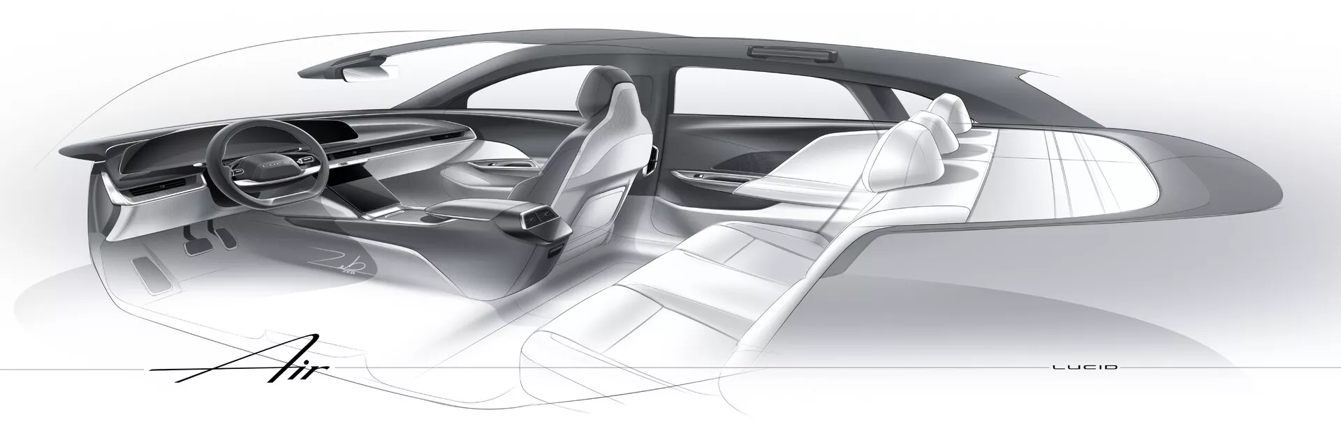 Návrhový skicář interiéru vozu Lucid Air 2022, zobrazující elegantní palubní desku s plynulými konturami, futuristický volant, čtyři prémiová ergonomická sedadla, prodlouženou středovou konzolu pravděpodobně obsahující dotykové povrchy, otevřené dveře na straně řidiče bez B-sloupku pro lepší přístupnost, velká okna pro maximální viditelnost, plochou podlahu typickou pro elektromobily a označení 'Air'. Skicář klade důraz na minimalistický, prostorný a moderní interiér.