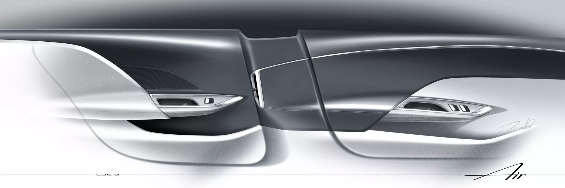 Stylizované digitální zobrazení vozu Lucid Air 2022 (1. generace), které představuje detailní pohled na boční profil zaměřený na elegantní a aerodynamické linie a kontury. Obrázek zdůrazňuje moderní design vozu s integrovanými klikami dveří a jemnými mezerami mezi panely, což naznačuje luxus a pokročilou technologii exteriéru. Absence tradičních bočních zrcátek naznačuje použití pokročilých systémů zpětných kamer. Toto umělecké zobrazení podtrhuje inovativní automobilový design a kvalitní materiály.