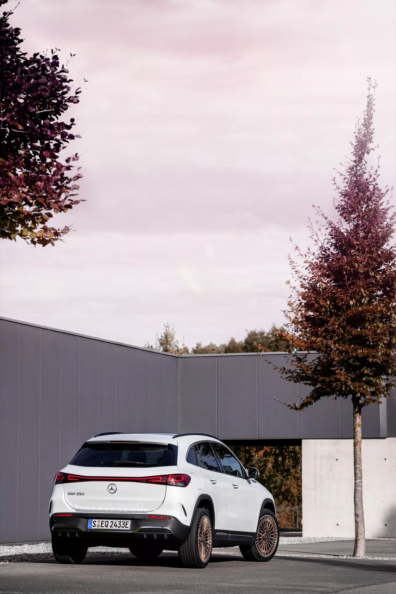 Mercedes-Benz EQA 2021 v moderním designu SUV, prezentace tříčtvrtečního zadního pohledu zaparkovaného venku s podzimními stromy, zdůraznění zadních světel, dvojitých výfukových koncovek, parkovacích senzorů, elegantního spoileru a slitinových kol na pozadí oblohy