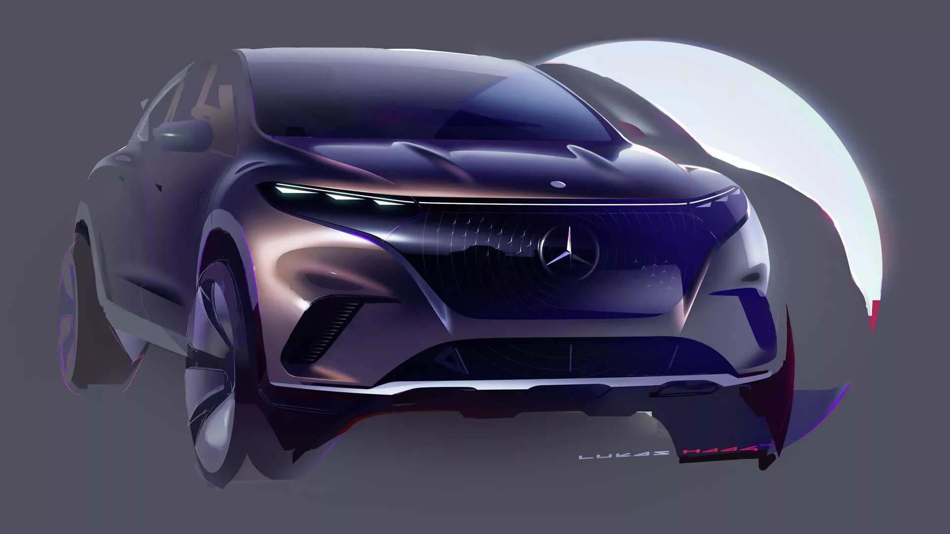 Přední tříčtvrteční pohled na Mercedes EQS SUV 2022 představující jeho výraznou mřížku s pokročilým trojrozměrným efektem, agresivním designem nárazníku s výraznými přívody vzduchu, LED světlomety, tvarovanou kapotou s aerodynamickými konturami a dynamickým rozmazáním předního kola na gradientním pozadí.