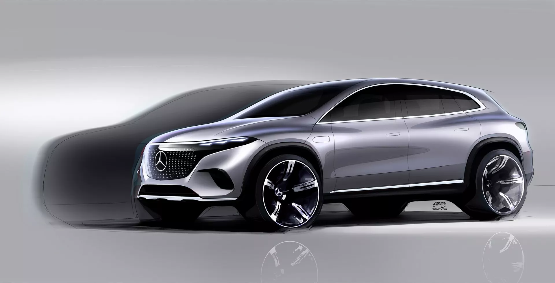 Mercedes EQS-SUV 2022 zobrazený ve studiu z přední tříčtvrteční perspektivy. Mezi hlavní prvky patří velká výrazná mřížka, elegantní LED světlomety, senzory indikující autonomní funkce, aerodynamický profil se sešikmenou střechou, metalický povrch a velká litá kola. Obrázek má za cíl předvést luxus, moderní design a výkonové možnosti vozu.