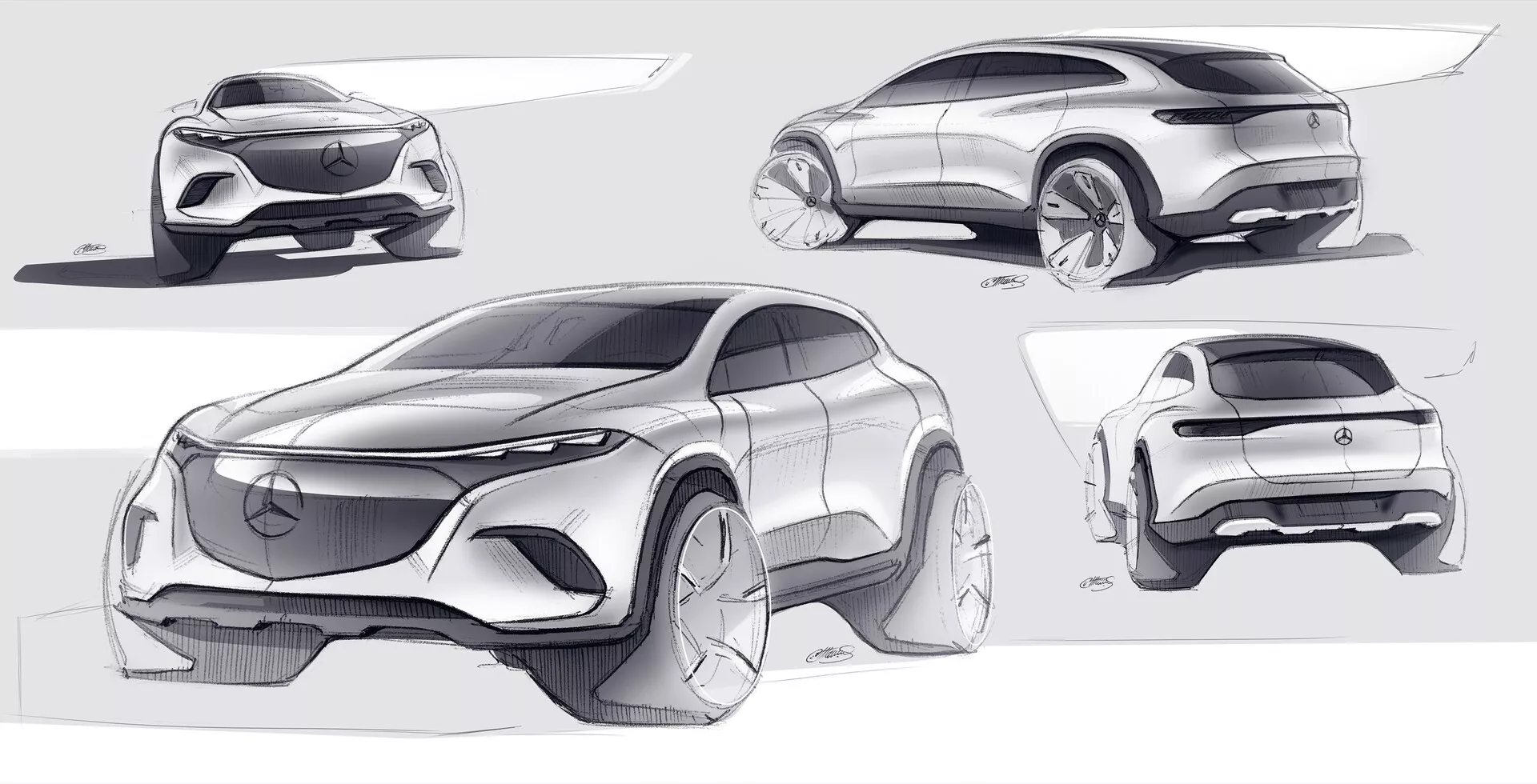 Konceptuální skici vozu Mercedes EQS-SUV 2022 zobrazující moderní, futuristický vůz z různých úhlů pohledu. Horní levý roh ukazuje dynamický úhel ze tří čtvrtin zdůrazňující přední mřížku s velkým emblémem Mercedes-Benz, úzké světlomety a aerodynamická kola. Horní pravý roh prezentuje boční pohled s hladkou linií střechy, zapuštěnými klikami dveří a výraznými oblouky kol. Dolní levý roh nabízí pohled zepředu ukazující emblém a úzké světlomety, s velkými přívody vzduchu v nárazníku. Dolní pravý roh ukazuje úhel ze tří čtvrtin zezadu s elegantními zadními světly táhnoucími se po celé šířce vozu, výrazným zadním nárazníkem a rychle se svažující siluetou. Důraz na aerodynamiku a design elektromobilů.