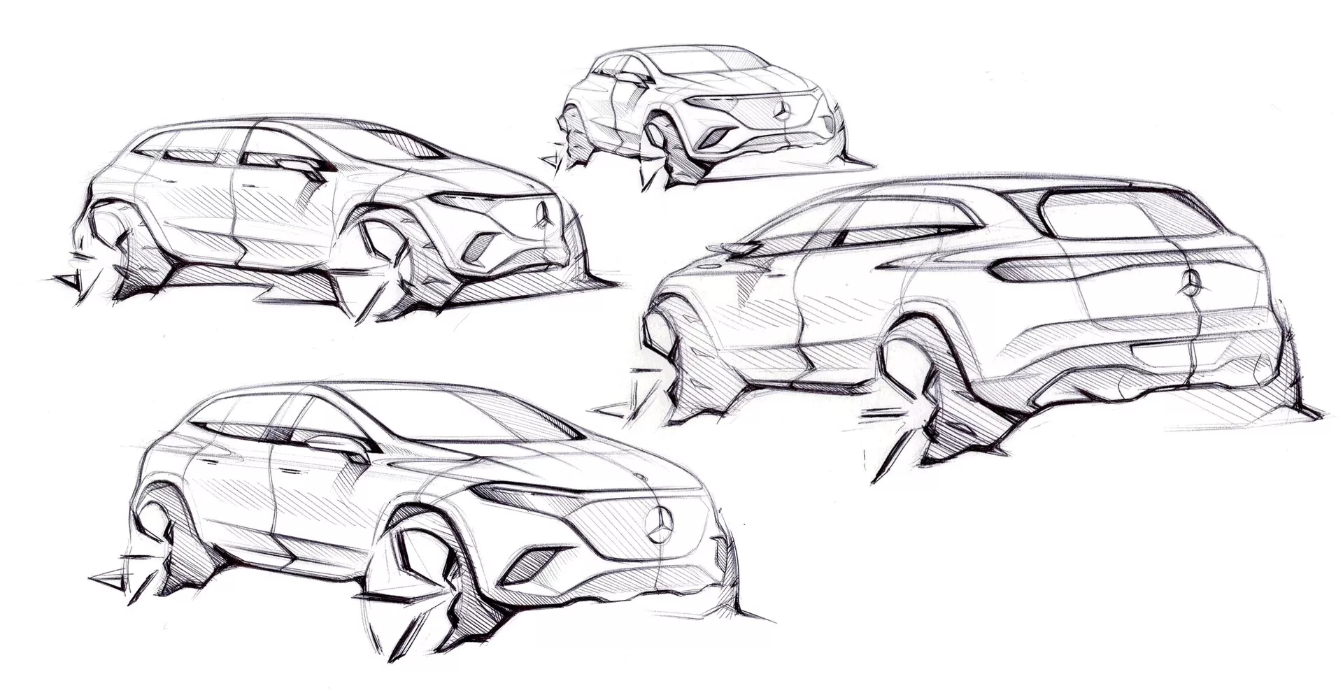 Stylizované skici modelu Mercedes EQS-SUV 2022 ukazující různé úhly a perspektivy. Vlevo nahoře: čelní třičtvrtinový pohled z vyvýšeného úhlu zvýrazňující přední masku, světlomety a aerodynamický design. Vpravo nahoře: pohled zezadu z nízké perspektivy zaměřující se na zadní blatníky a koncová světla. Vlevo dole: boční profil pravděpodobně zobrazující SUV nebo crossover, zdůrazňující linii oken a blatníky kol. Vpravo dole: další čelní třičtvrtinový pohled na SUV/crossover z vyvýšeného úhlu, zvýrazňující kapotu, mřížku a světlomety. Skici vyvolávají emoce a designový jazyk spíše než technické detaily.