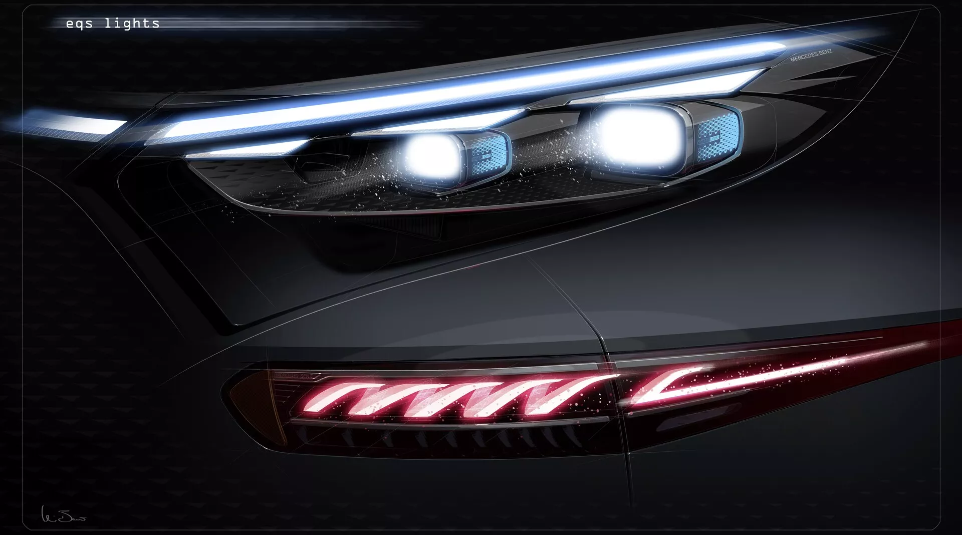 Detailní snímek světlometů a zadních světel Mercedes EQS-SUV 2022, s pokročilou LED nebo laserovou technologií s výraznými ostrými obrysy. Přední světlomet obsahuje elegantní LED denní svícení integrované hladce do karoserie, zdůrazňující prémiový design. Zadní světlo, zobrazené ze zadního úhlu, ukazuje červené osvětlené segmenty s výraznou horizontální orientací, obepínající zadní část vozidla pro zvýšenou viditelnost. Obraz pravděpodobně digitálně vylepšený pro propagační materiály.