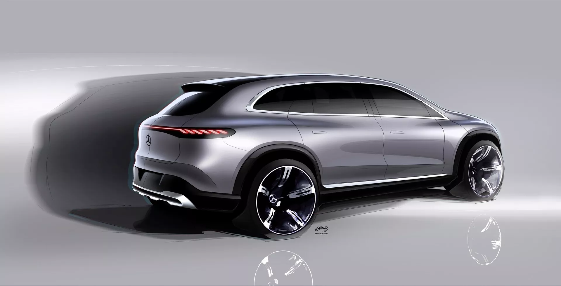 Digitálně renderovaný tříčtvrteční zadní pohled na moderní Mercedes EQS SUV 2022, který se vyznačuje sportovní siluetou ve stylu kupé, metalickým lakem, stylizovanými vícepaprskovými koly z lehkých slitin, tenkými LED zadními světly, strmě zakloněným zadním oknem s malým spoilerem, výraznou boční charakterovou linií a dvojitými výfuky. Obsahuje rozmazaný efekt pohybu, který naznačuje rychlost a výkon.