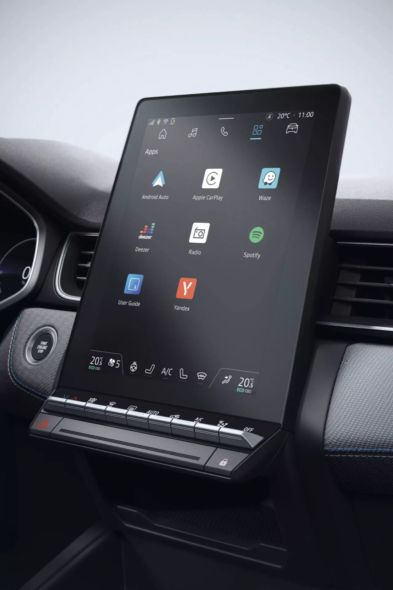 Interiér Renault Captur II facelift 2024 s vertikálně orientovaným dotykovým infotainment systémem kompatibilním s Android Auto a Apple CarPlay, umístěným mezi řidičem a předním spolujezdcem na palubní desce