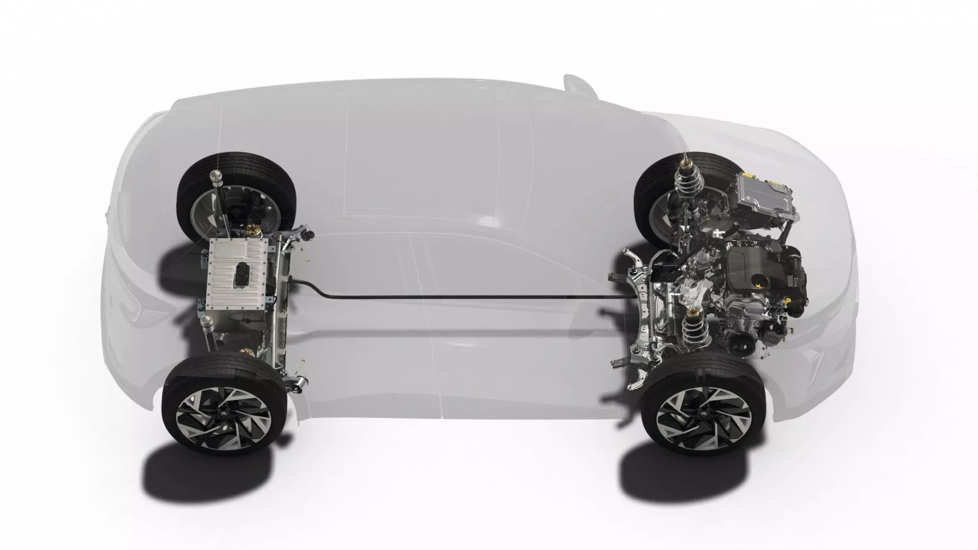 Průhledný pohled na Renault Captur 2024 II-facelift ukazující vnitřní mechaniku z mírně zvýšeného úhlu z přední strany, zvýrazňující rozvržení podvozku a komponenty systému pohonu zadních kol