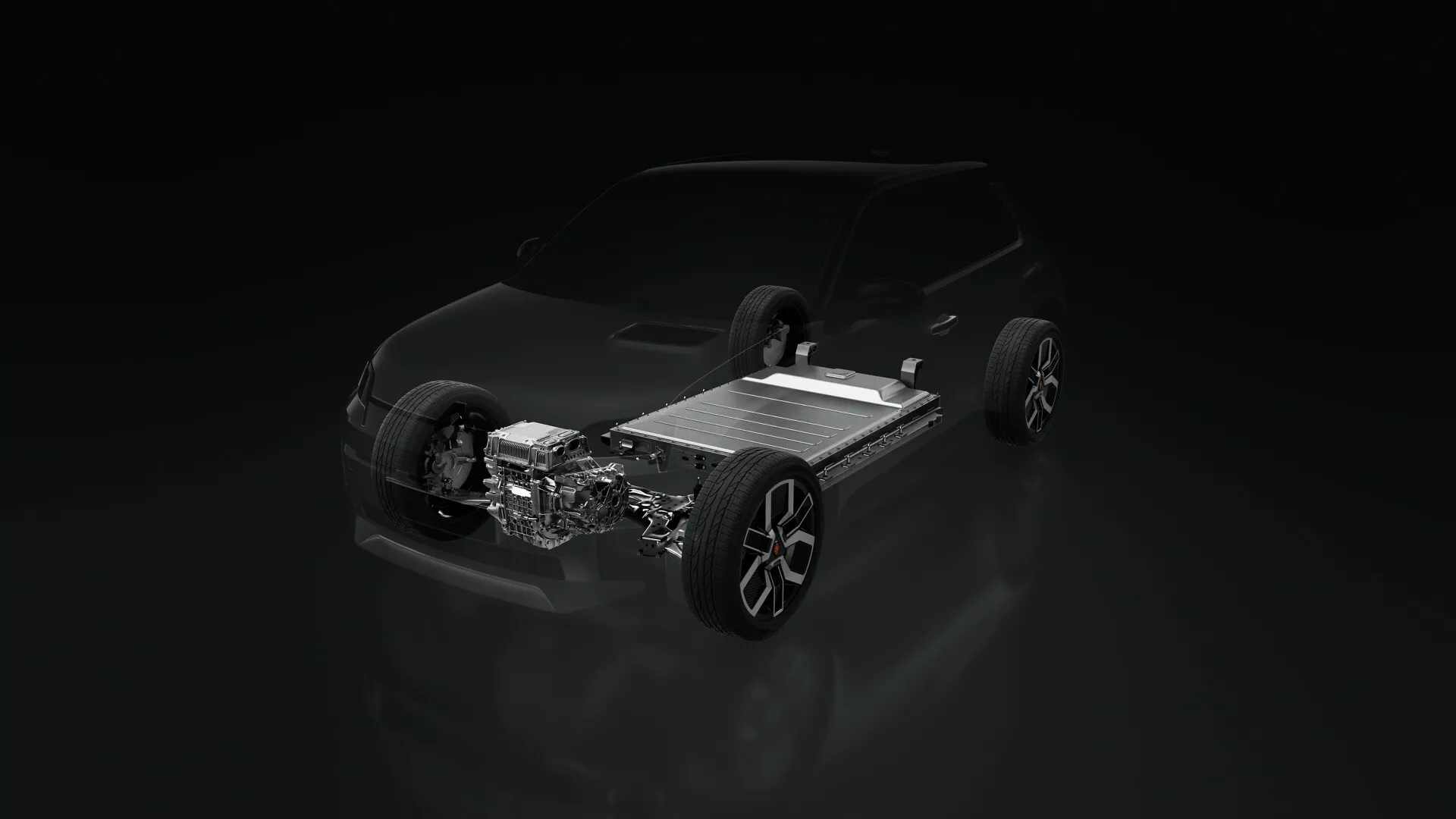 Renault R5 2024 zobrazující technologii elektromobilu s viditelným podvozkem, pohonným ústrojím a koly z perspektivy zepředu a z boku