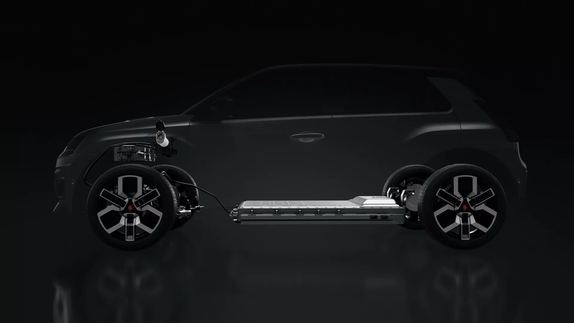 Pohled z profilu na Renault R5 2024 v šerém osvětlení, zdůrazňující jeho elegantní, aerodynamický design se hladkými liniemi, sofistikovanými ráfky s více rameny a sportovními prahy naznačujícími luxusní, vysokovýkonné nebo možná elektrické vozidlo.
