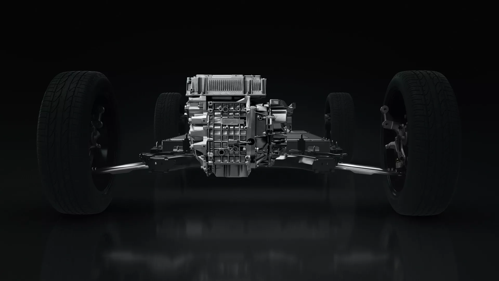 Zadní pohled na šasi Renault R5 2024 zdůrazňující mechanické součásti a architekturu zavěšení v temném, high-tech prostředí