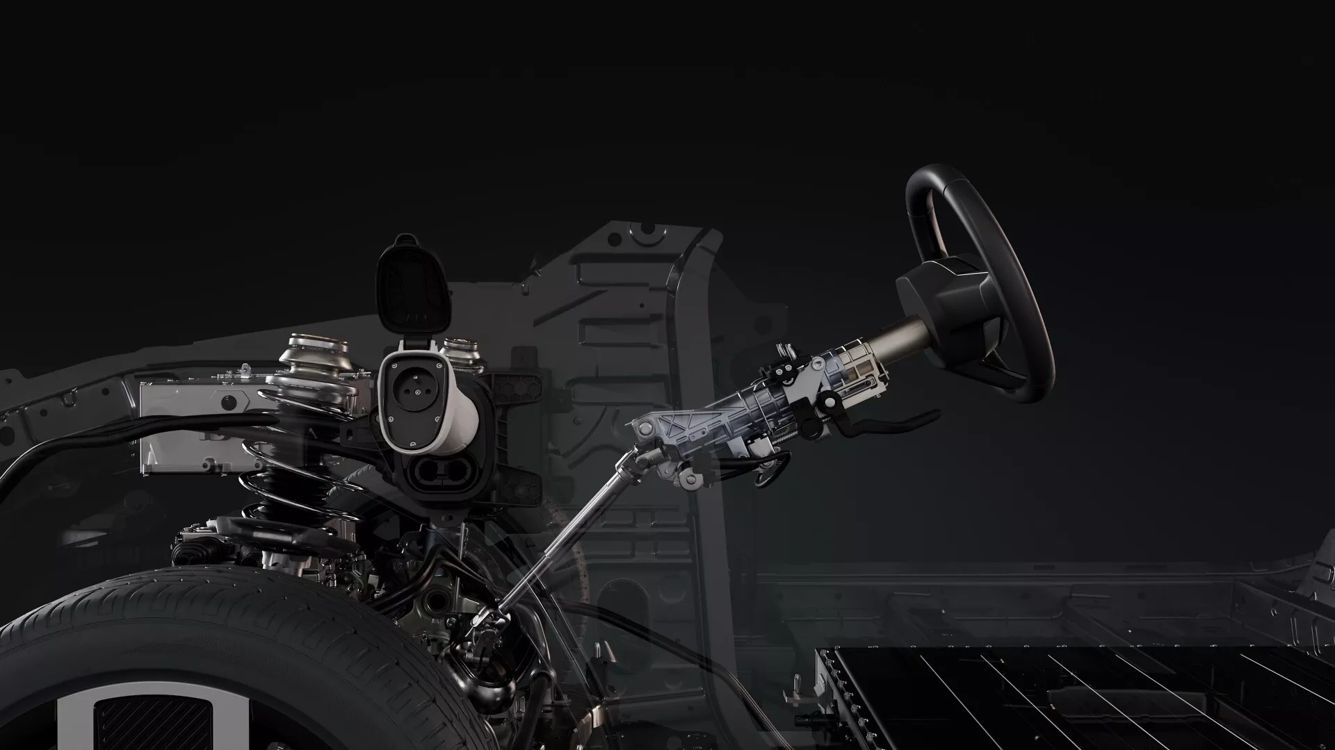 Obrázek Renault R5 2024 zobrazující vystavený motor, řízení, přední kolo s výkonnou pneumatikou, viditelný rám a částečně brzdový systém z bočního úhlu, zdůrazňující vnitřní mechanismy pro vzdělávací nebo propagační účely v desaturovaném, monochromatickém stylu zvýrazňujícím kovové komponenty.