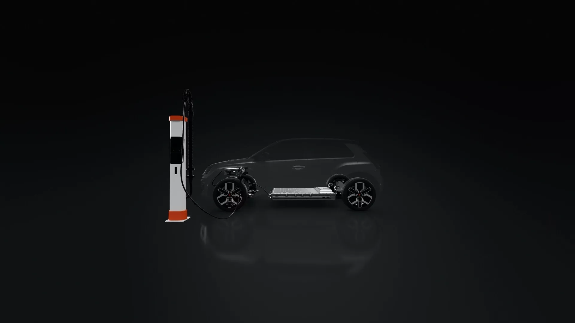 Elektrické vozidlo Renault R5 2024 v tmavé barvě se nabíjí z pohledu shora, zobrazující střechu, kapotu, kufr a nabíjecí port připojený k nabíjecí stanici