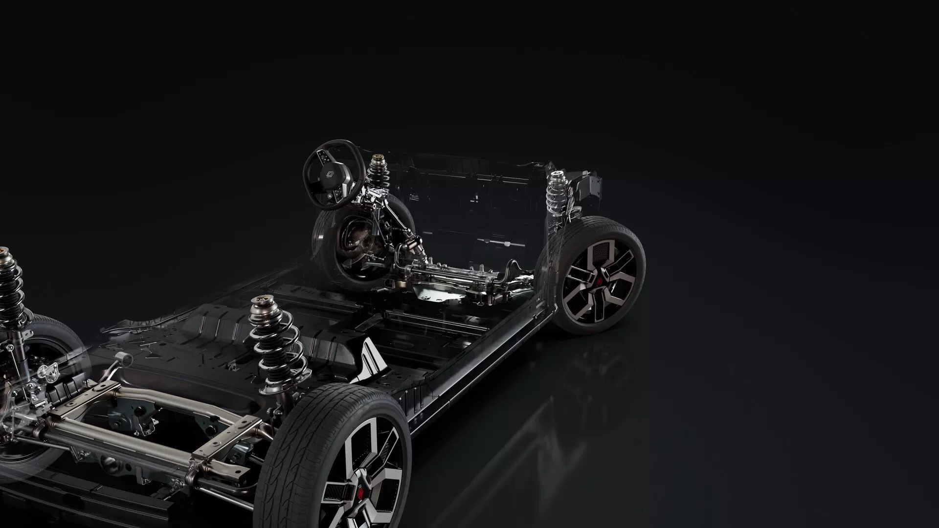 Boční perspektiva Renaultu R5 2024 zobrazující průhlednou karoserii ukazující vnitřní mechaniku a konstrukci na tmavém pozadí