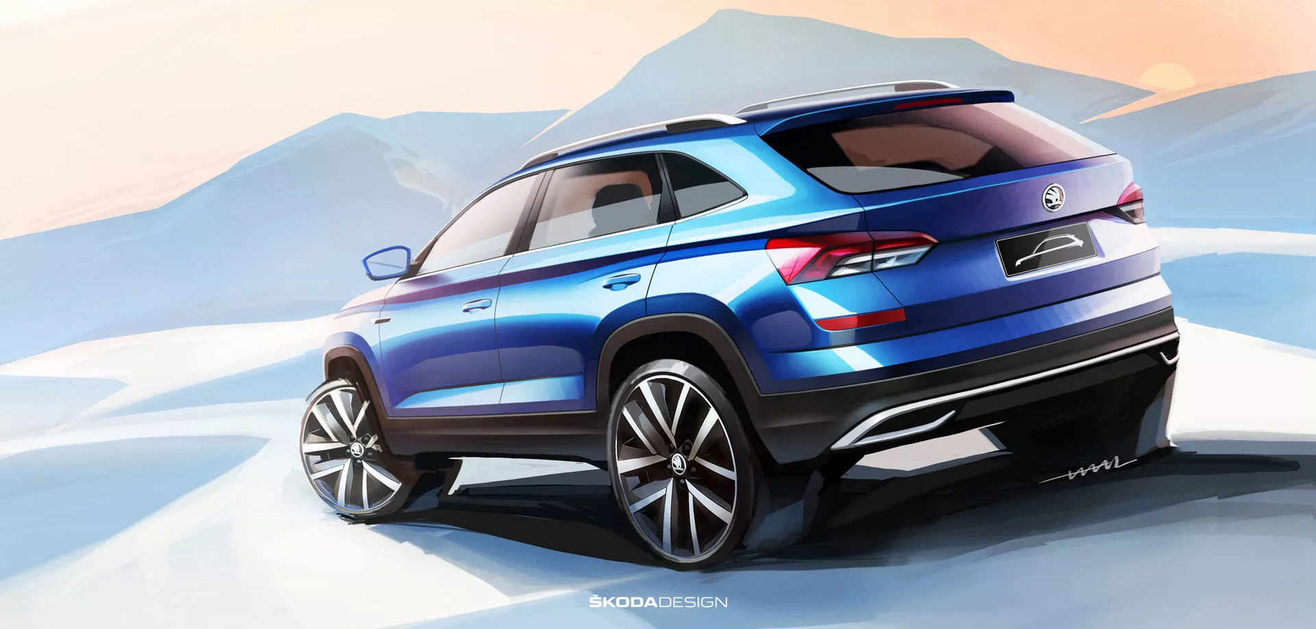 Grafické znázornění Škoda Kamiq 2019 ve výrazné modré barvě, předvádějící moderní design SUV s velkými koly a LED zadními světly, viděno z perspektivy tři čtvrtiny zezadu proti stylizované horské krajině.